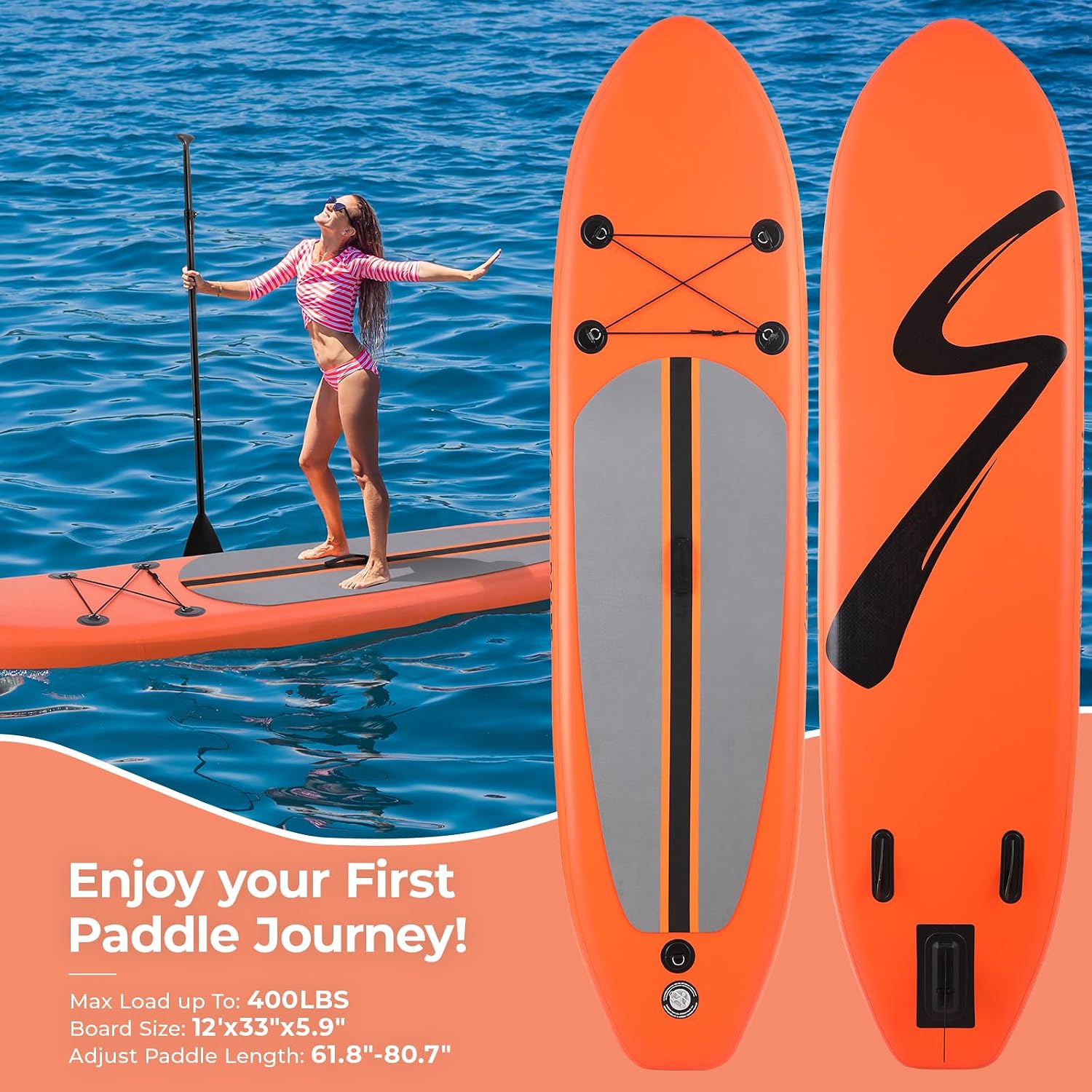 TLSUNNY 12FT Inflatable Stand Up Paddle Board, 3 Fins Paddleboard with Full SUP Accessories for All Skill Levels, Portable Two-Way Hand Pump and Carry Bag, 400LBS