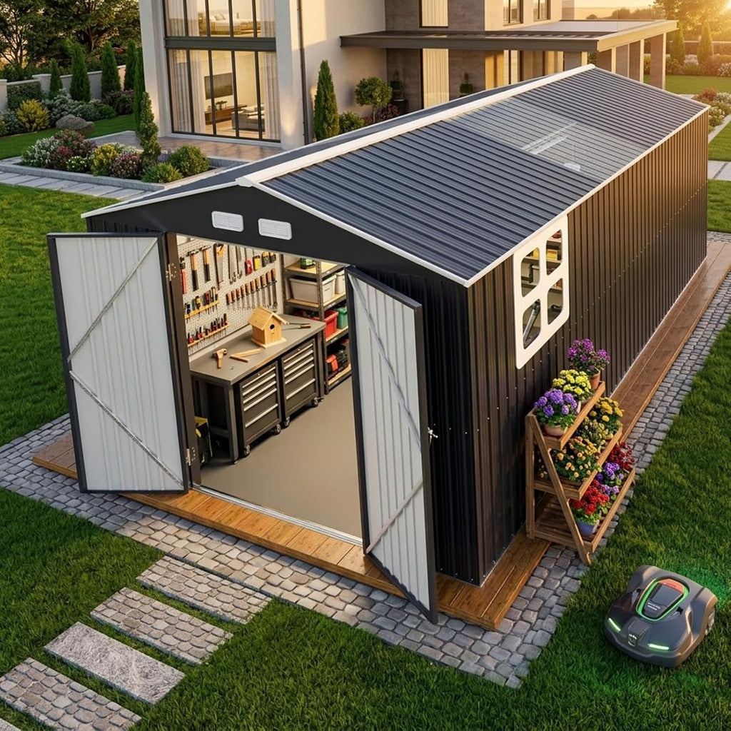 K Knowbody 10x16 FT Metal Shed with Floor Kit, 20-Gauge Reinforced Frame with Powder Coating, 50 PSF Snow Load & 120 MPH Wind Rated, Large Outdoor Storage Building with Skylight for Garden & Bike