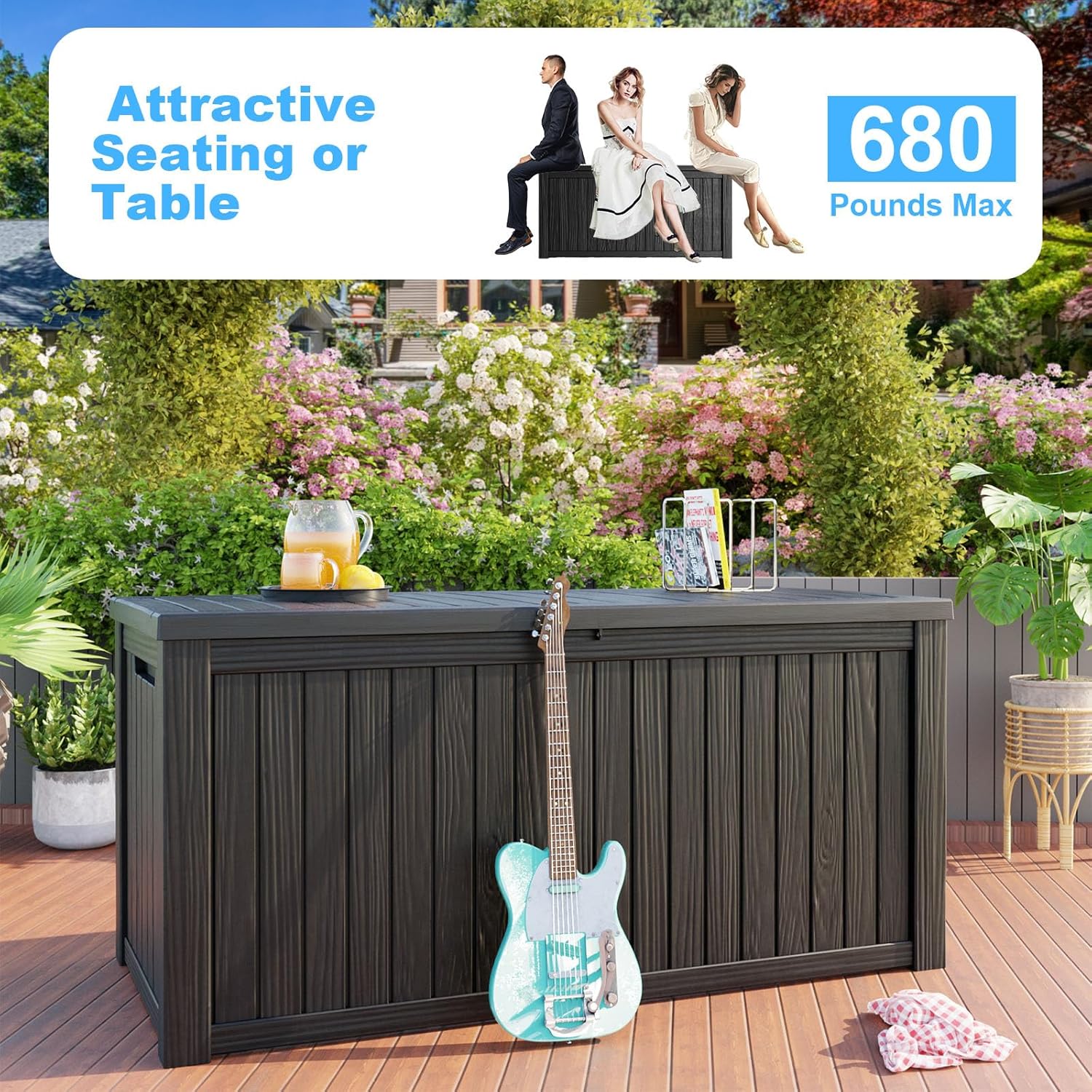 180 Gallon Waterproof Outdoor Storage Box,Resin Deck Box,Lockable Outside Storage Box Container for Patio Furniure,Garden,Tools (180 Gallon,Black)
