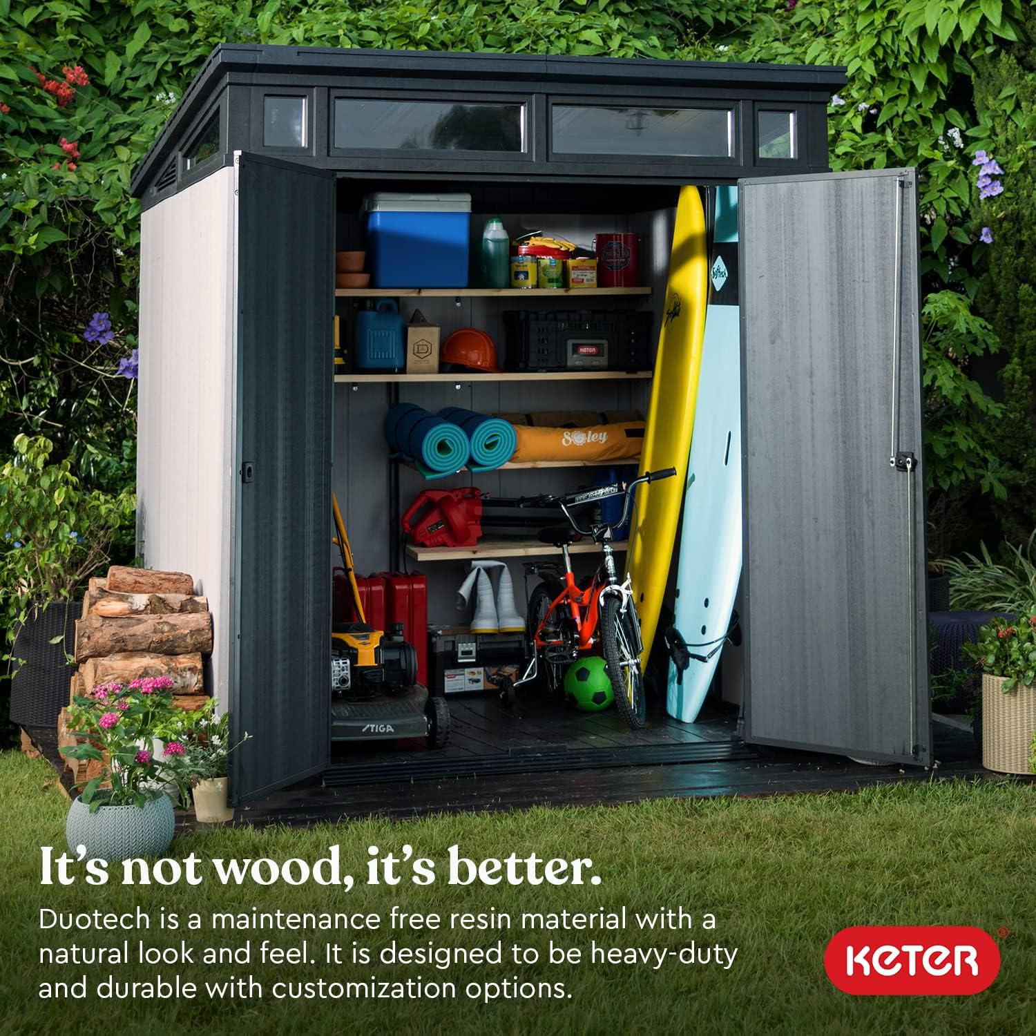Keter Artisan 7 x 7 Foot Large Modern Design Outdoor Shed with Floor for Outdoor Furniture, Lawn Equipment, Bikes, and Gardening Tools, Gray