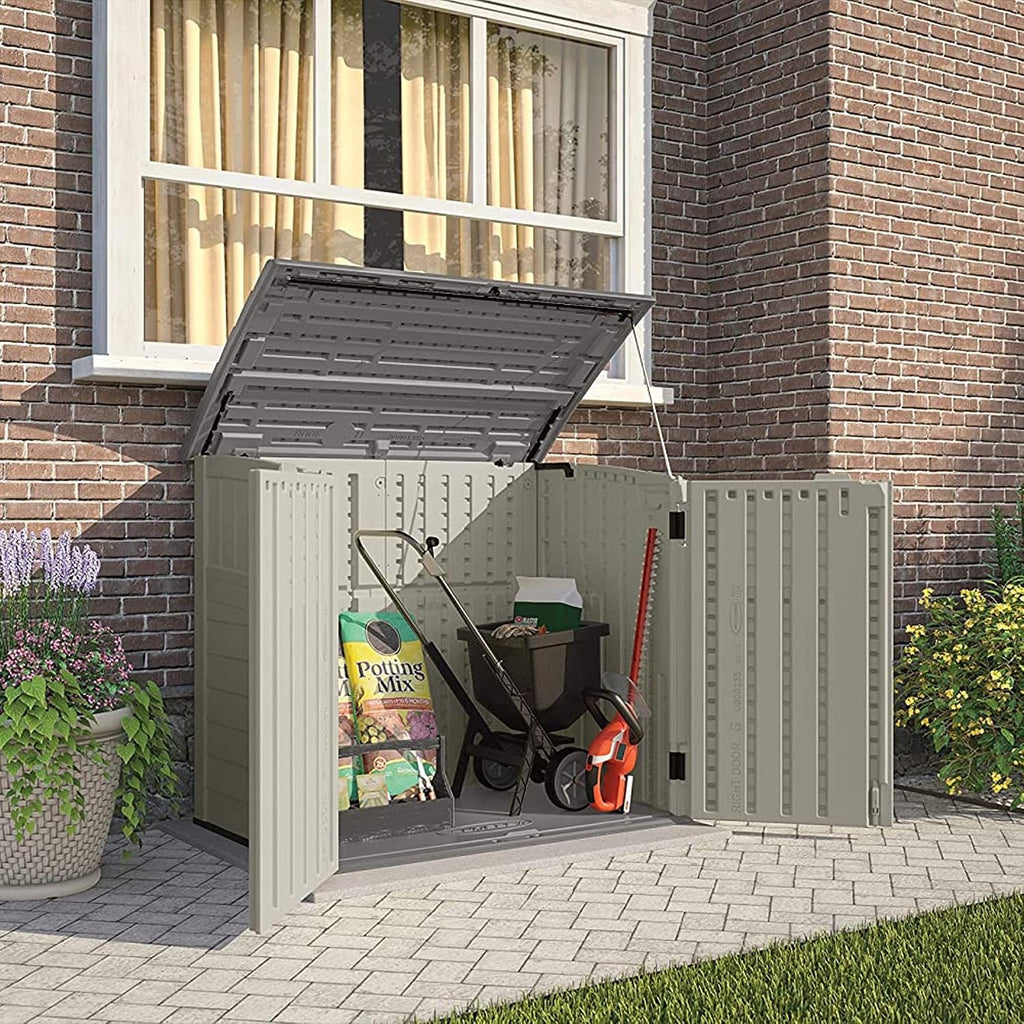 Suncast 2 Pack 34 Cu Ft Capacity Horizontal Outdoor Storage Shed for Garbage Cans, Garden Accessories, Backyard, and Patio Use, Vanilla