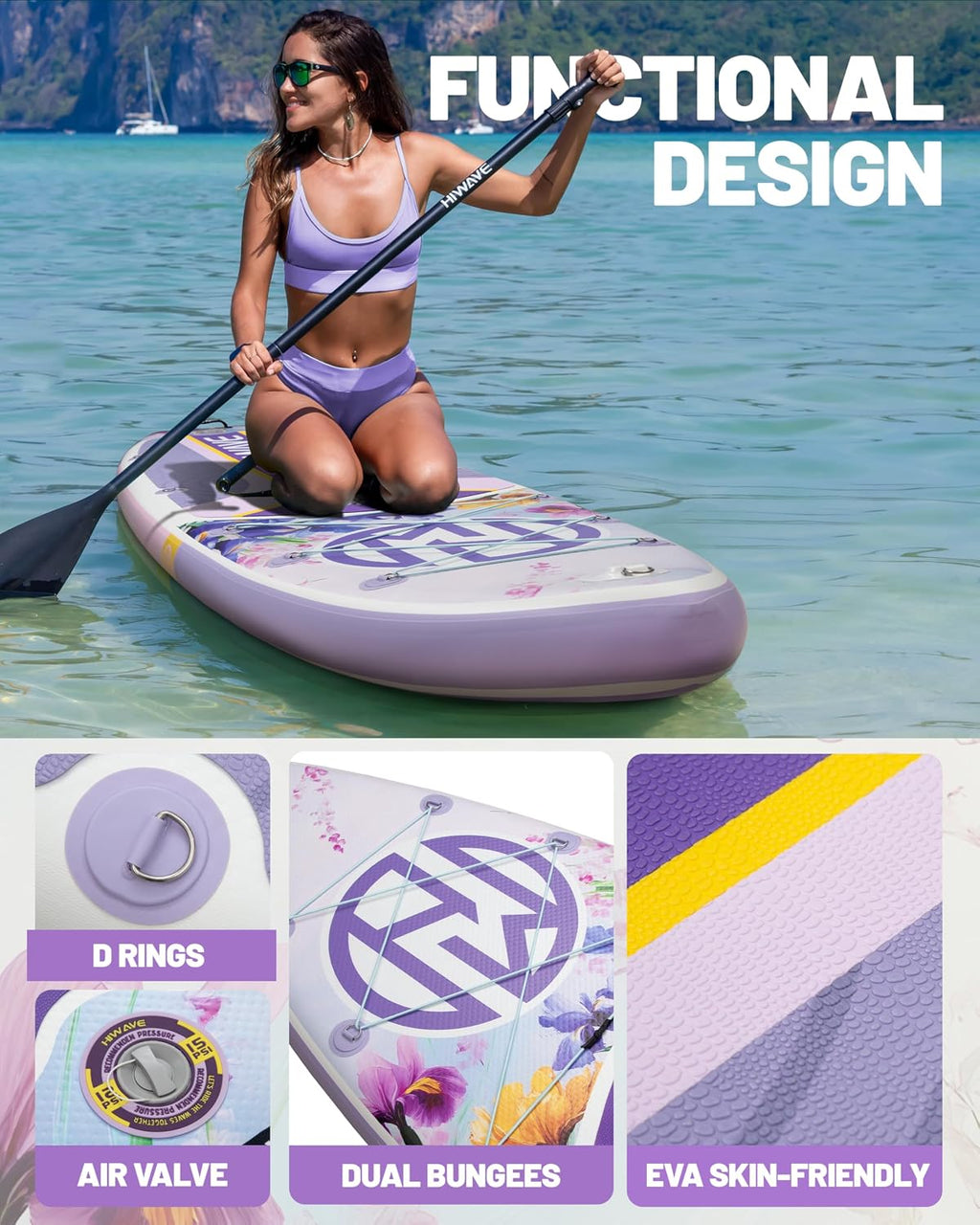 Hiwave Inflatable Paddle Board 11 '* 34 '* 6' Extra Wide Sup Board, 420lb Capacity Paddle Board for Adults, Suitable for Sea and Lakes, 2+1Family Board