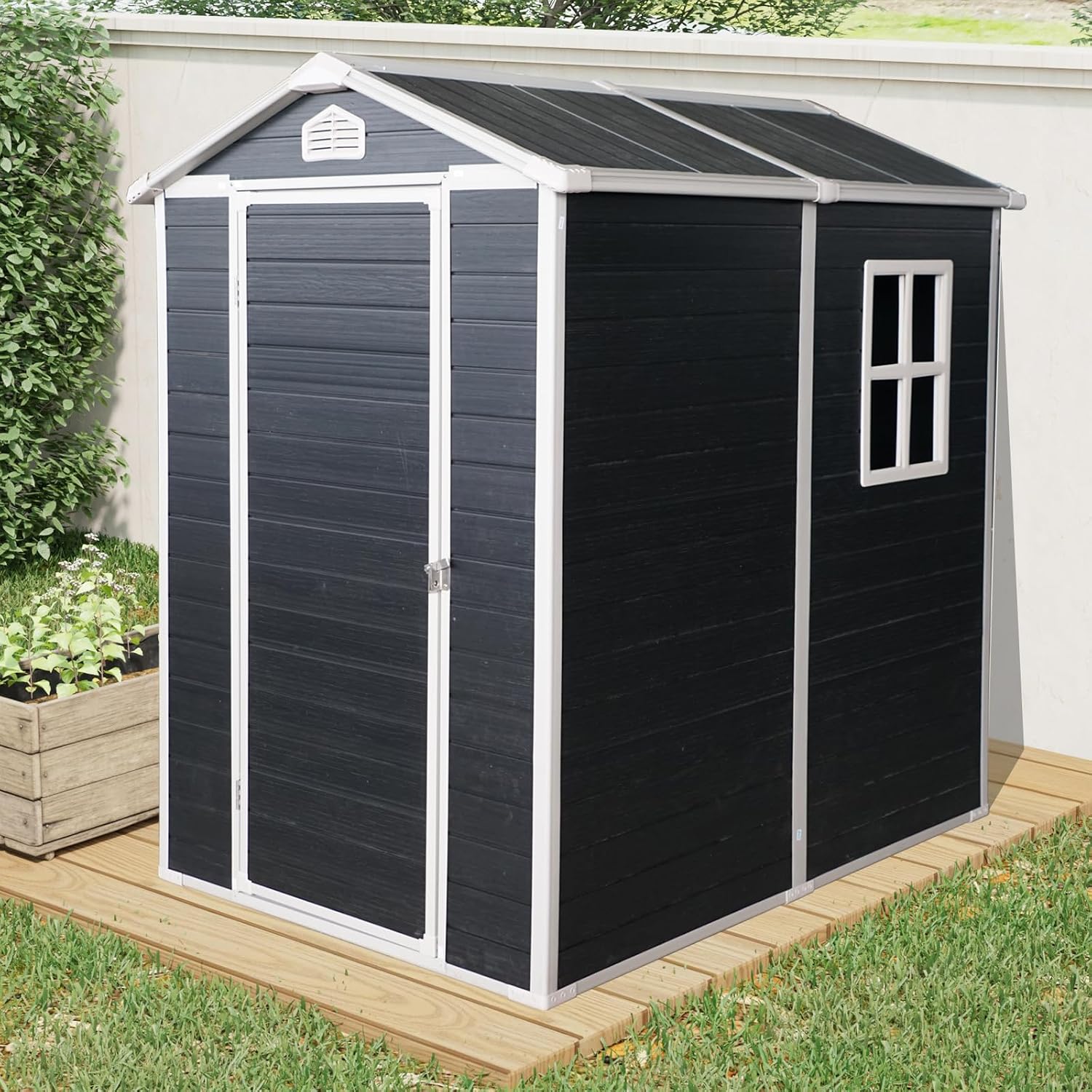 YOPTO 4x6 FT Outdoor Storage Shed,Garden Shed with Floor & Window,All Weather Waterproof Tool House W/Air Vent,Sloped Roof & Lockable Door,for Patio,Yard,Lawn,Black