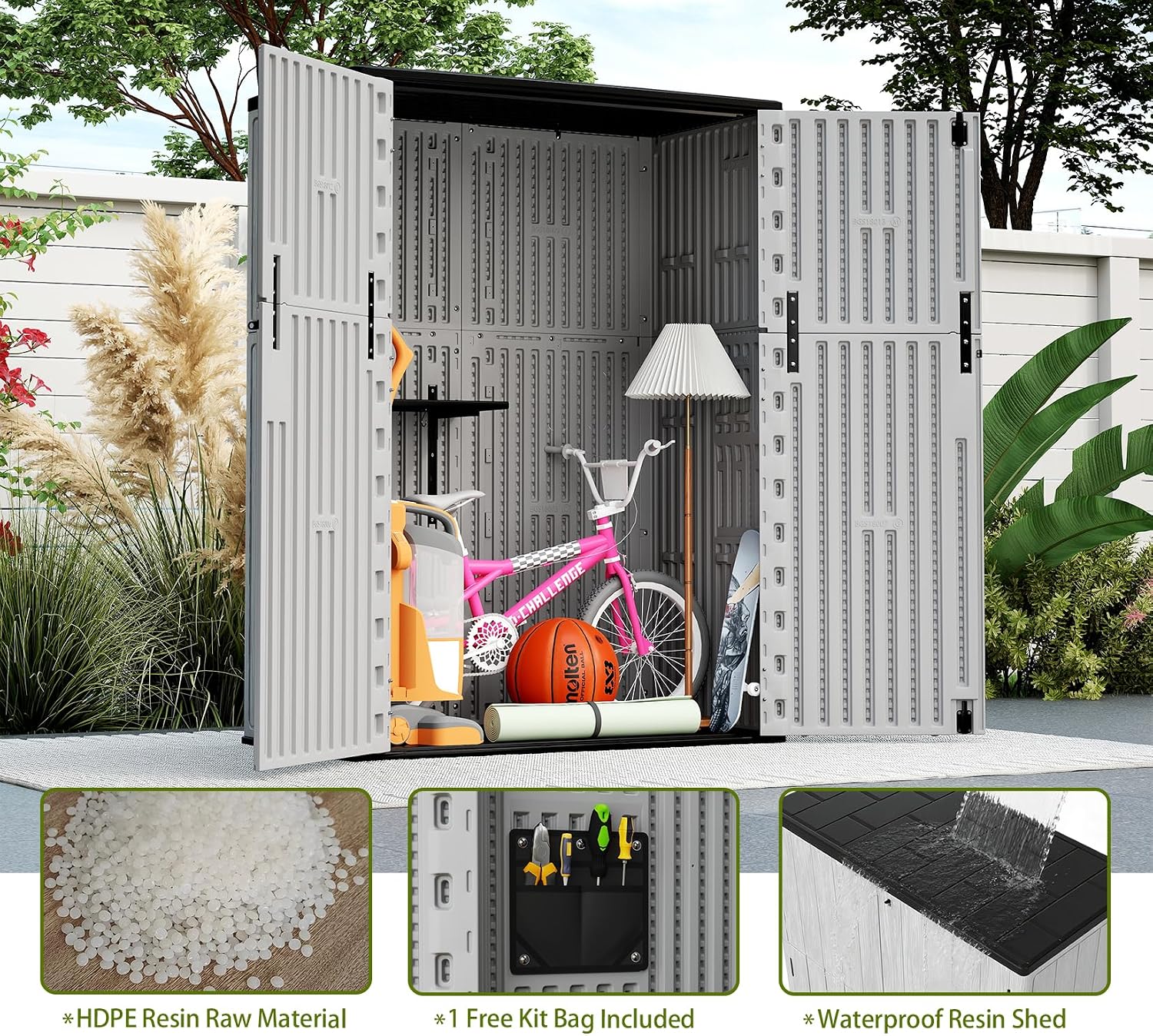 ZZM 57 Cu.ft Outdoor Storage Shed with Floor HDPE Double-Wall Resin Sheds Outdoor Storage, Lockable Weatherproof Storage Cabinet Fit for Garden Tools, Garage can, Bike, Patio Furniture, Grey