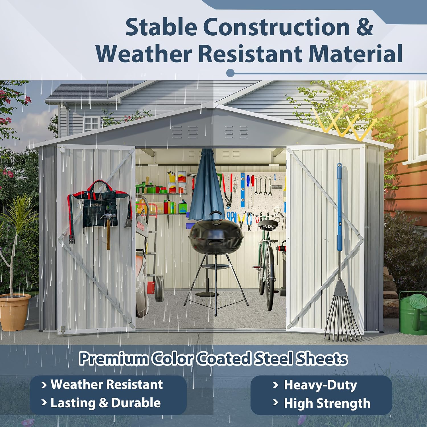 8x10 FT Outdoor Storage Shed, Metal Garden Shed with Lockable Hinged Doors, Outside Tool Shed with Sloped Roof & 4 Air Vents, Waterproof Storage Building for Backyard, Patio, Lawn, Gray