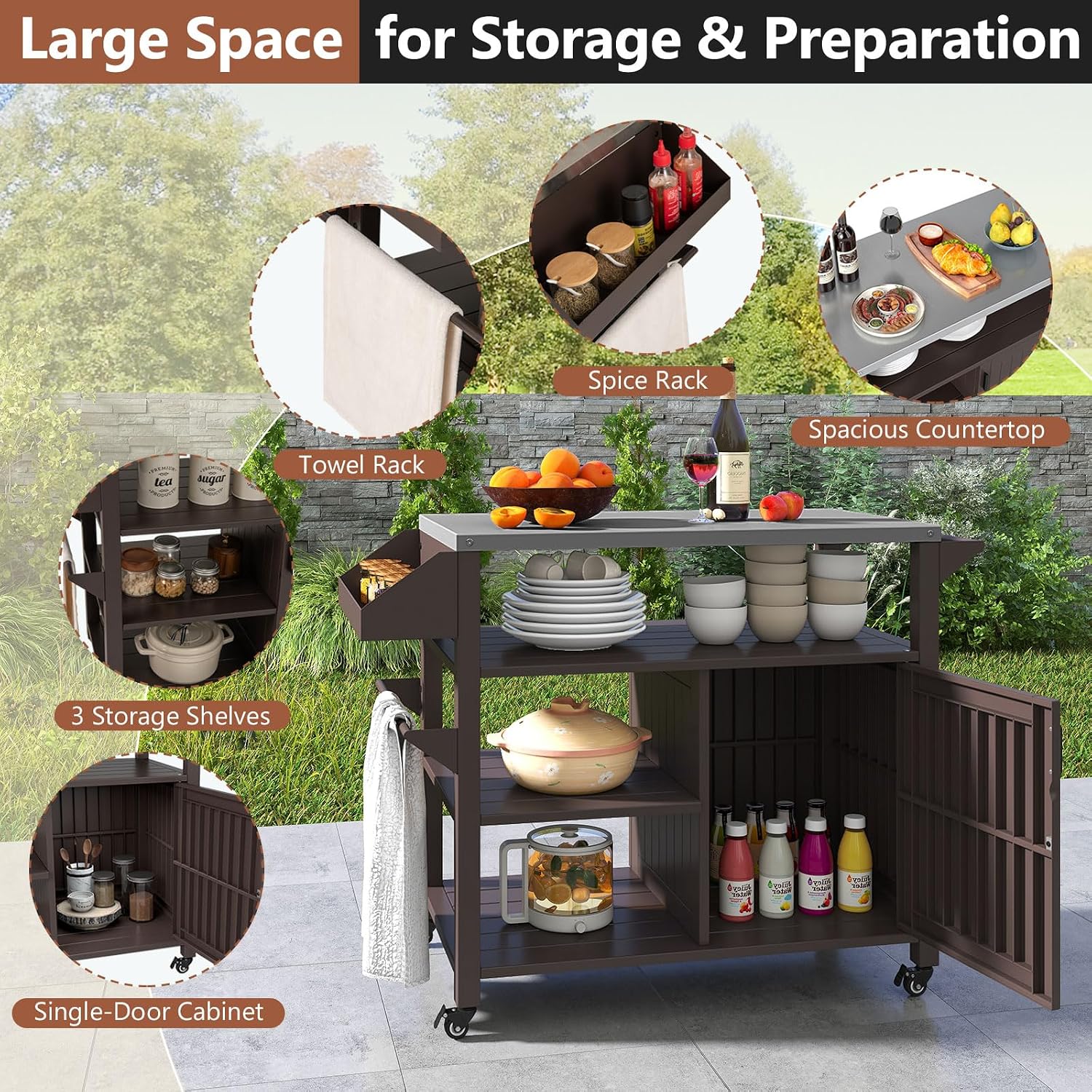 Giantex Outdoor Grill Cart with Storage Cabinet & Shelves, Patio Kitchen Island Table with Stainless Steel Top, Spice & Towel Rack, Movable Pizza Oven Stand on Wheels, Rolling Bar Cart BBQ Prep Table