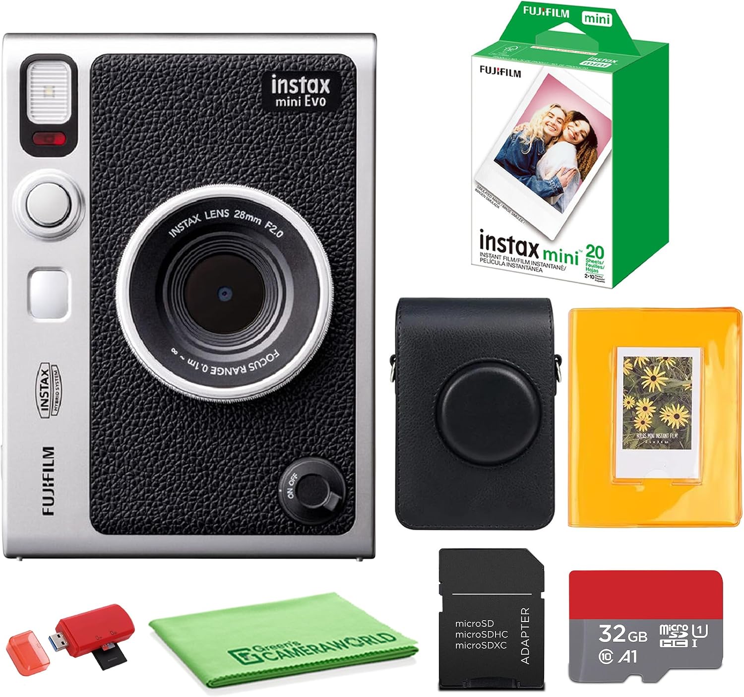 FUJIFILM INSTAX MINI EVO Hybrid Instant Camera (Black) Bundle with Fuji Instax-Mini-Instant Film Value Pack (20 Sheets) + 32GB Memory Card + Carrying Case + Photo Album 64 Pockets + Cleaning Cloth