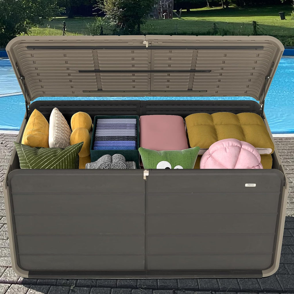 Domi 260 Gallon Resin Deck Box, Waterproof & UV-Resistant Outdoor Large Storage Box Lockable Storage Bin for Patio Cushions Pool Supplies Garden Tools and Delivery Storage