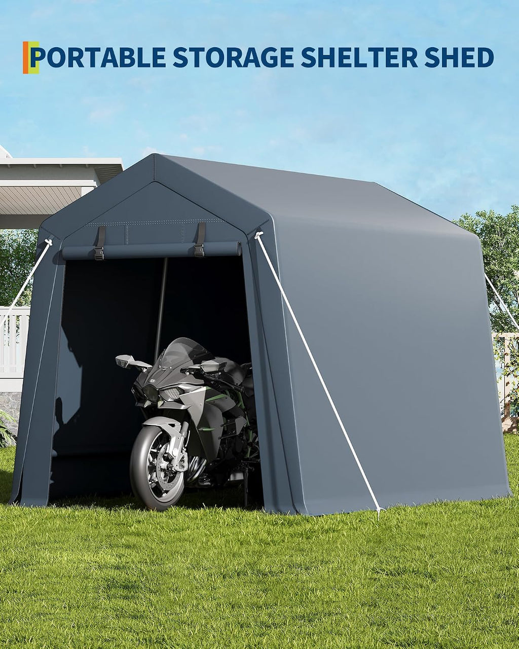 GarveeHome 6x6 FT Portable Outdoor Storage Shed with Roll-Up Zipper Door & Vent, 240G Heavy-Duty Shelter Waterproof PE Tarp, UV-Resistant Carport for Motorcycle, Firewood, Tools -Gray (Gray, 7x10)