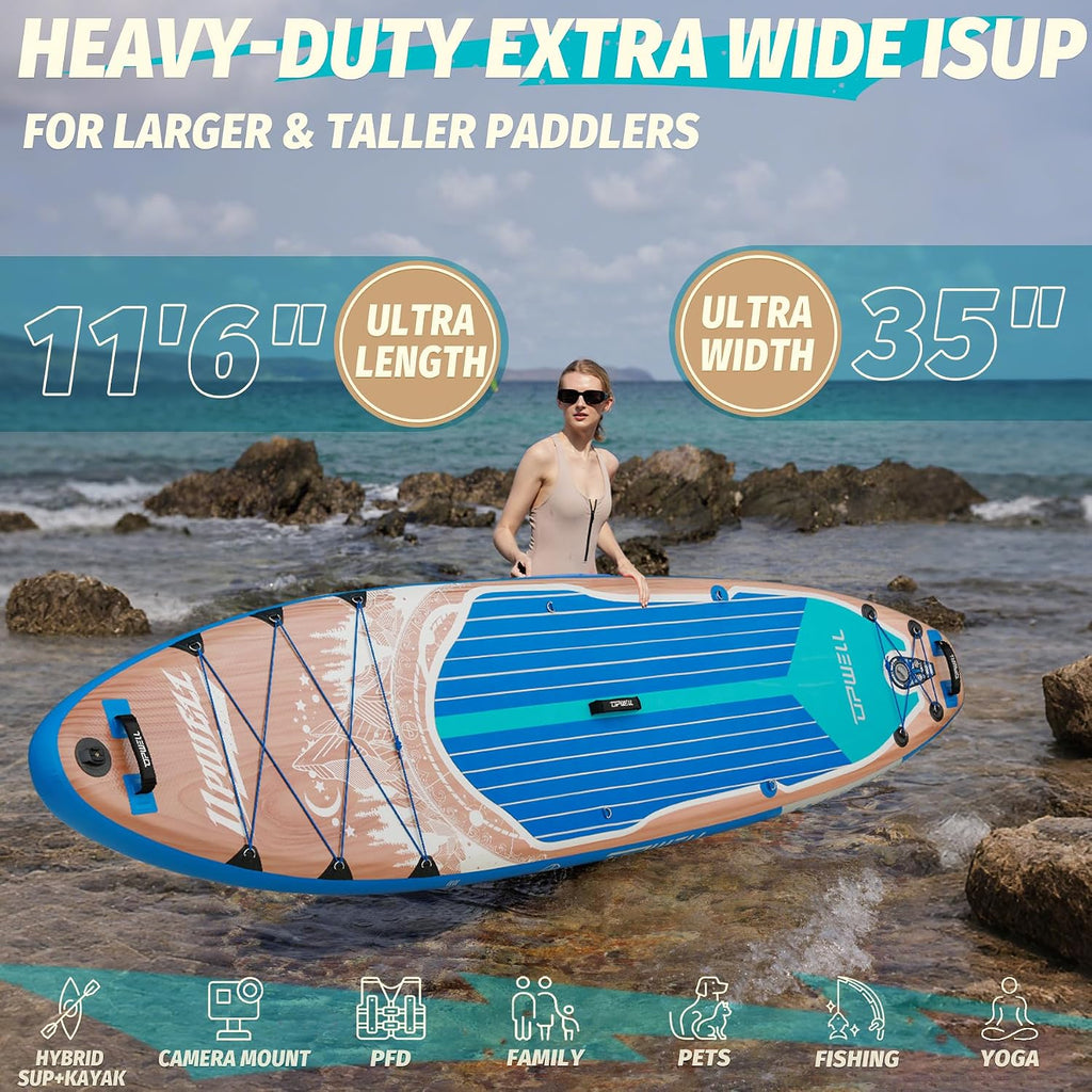 UPWELL 10'6'/11'/11'6' Inflatable Paddle Board, Stand Up Paddlboard for Youth & Adults, Stable Design, Premium SUP Accessories, Backpack, Leash, Hand Pump, Fins