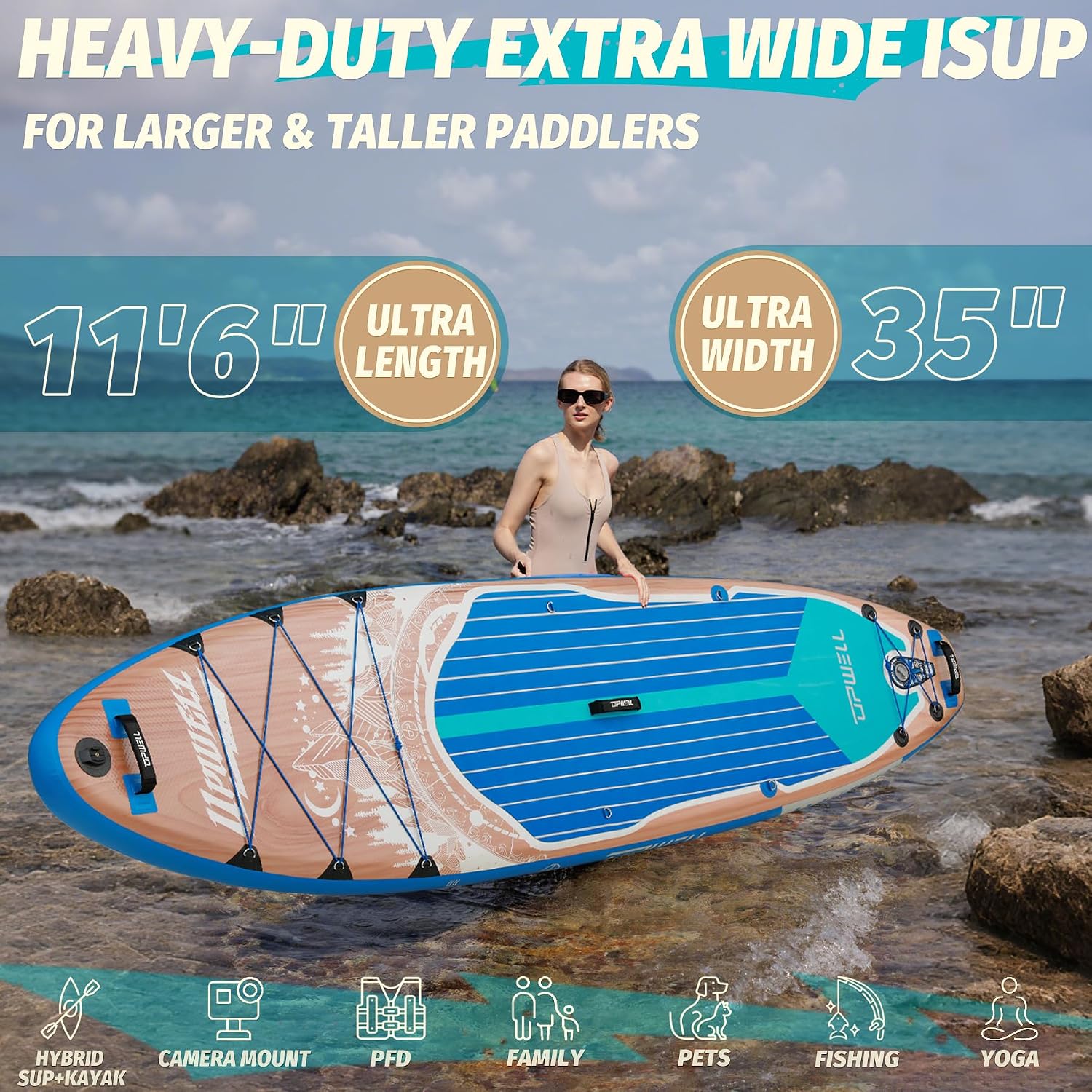 UPWELL 10'6'/11'/11'6' Inflatable Paddle Board, Stand Up Paddlboard for Youth & Adults, Stable Design, Premium SUP Accessories, Backpack, Leash, Hand Pump, Fins