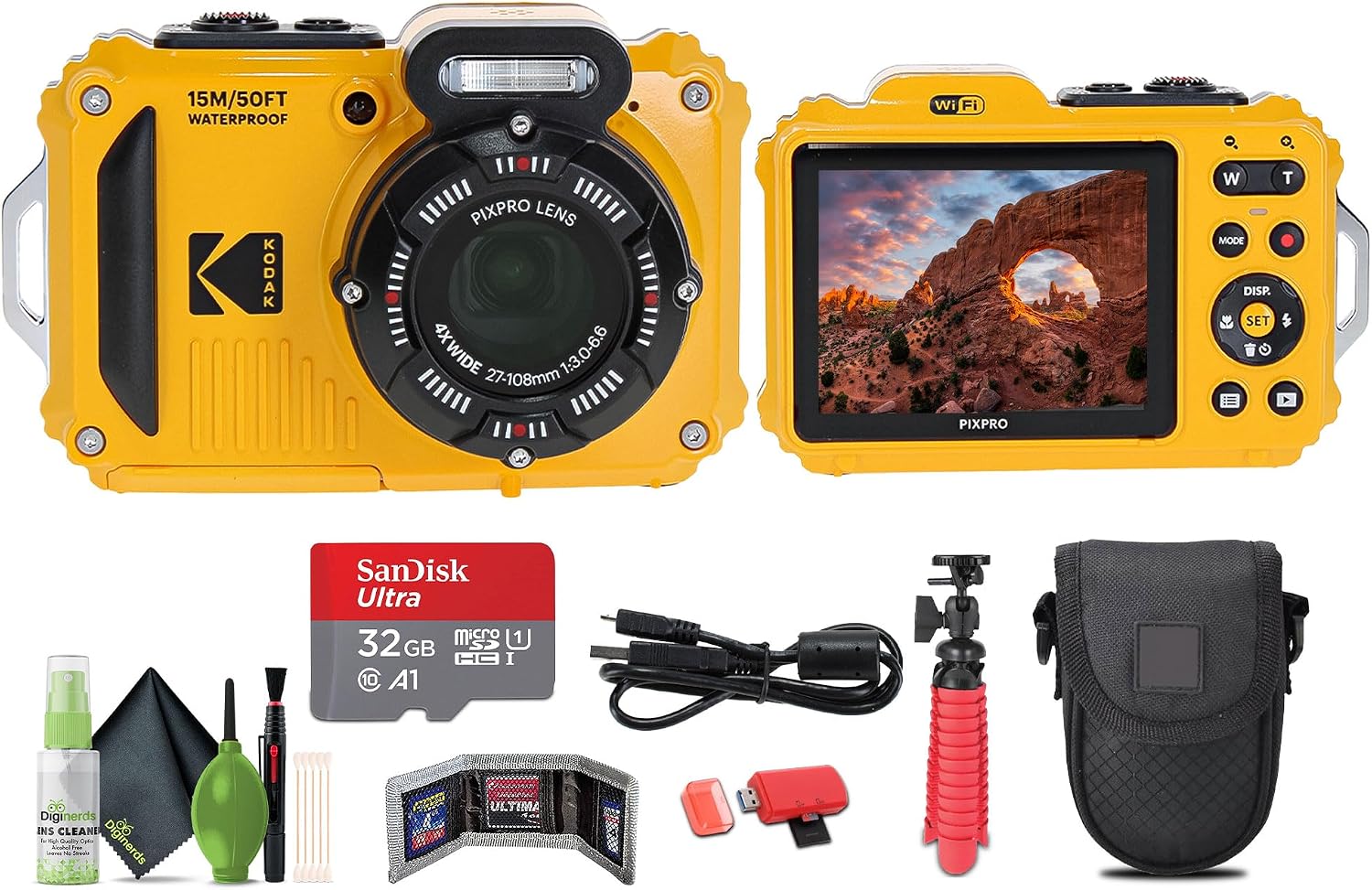 KODAK PIXPRO WPZ2 Rugged Waterproof Shockproof Dustproof WiFi Digital Vlogging Camera 16MP (Yellow) Bundle with 32GB Memory Card + Vlogger Tripod + Bag + Cleaning Kit + More Accessories