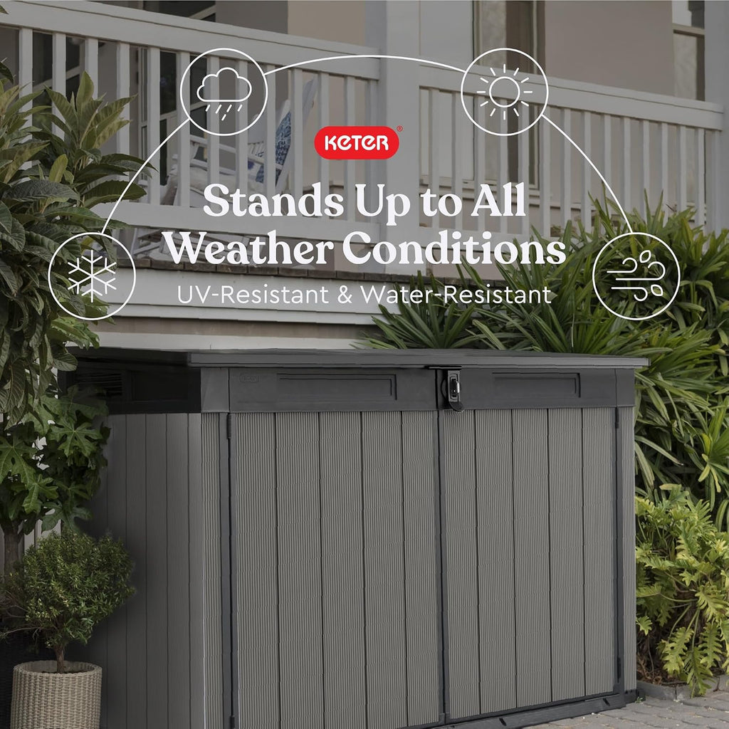 Keter Premier Jumbo 6.2 x 4.3 ft Outdoor Resin Horizontal Storage Shed for Garbage Bins, Yard Tools & Garden Equipment, All‑Weather, Lockable Outdoor Storage