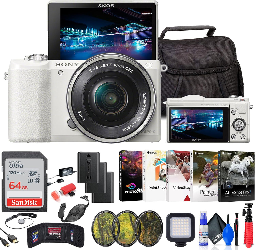 Sony Alpha a5100 Mirrorless Digital Camera with 16-50mm Lens (White) + Filter Kit + 64GB Card + 2 x NPF-W50 Battery + Card Reader + LED Light + Photo Software + Cables + Case + More