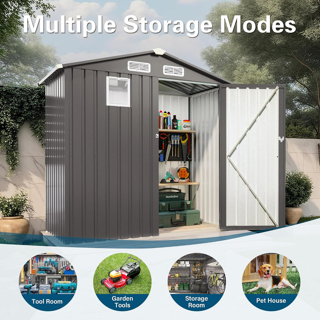 6×3.6 FT Outdoor Tool Shed with Peaked Roof Waterproof, Metal Tool Shed with Lockable Door and Clear Window, Galvanized Steel Storage Shed with Ventilation, Compact Utility Storage Shed,Gray