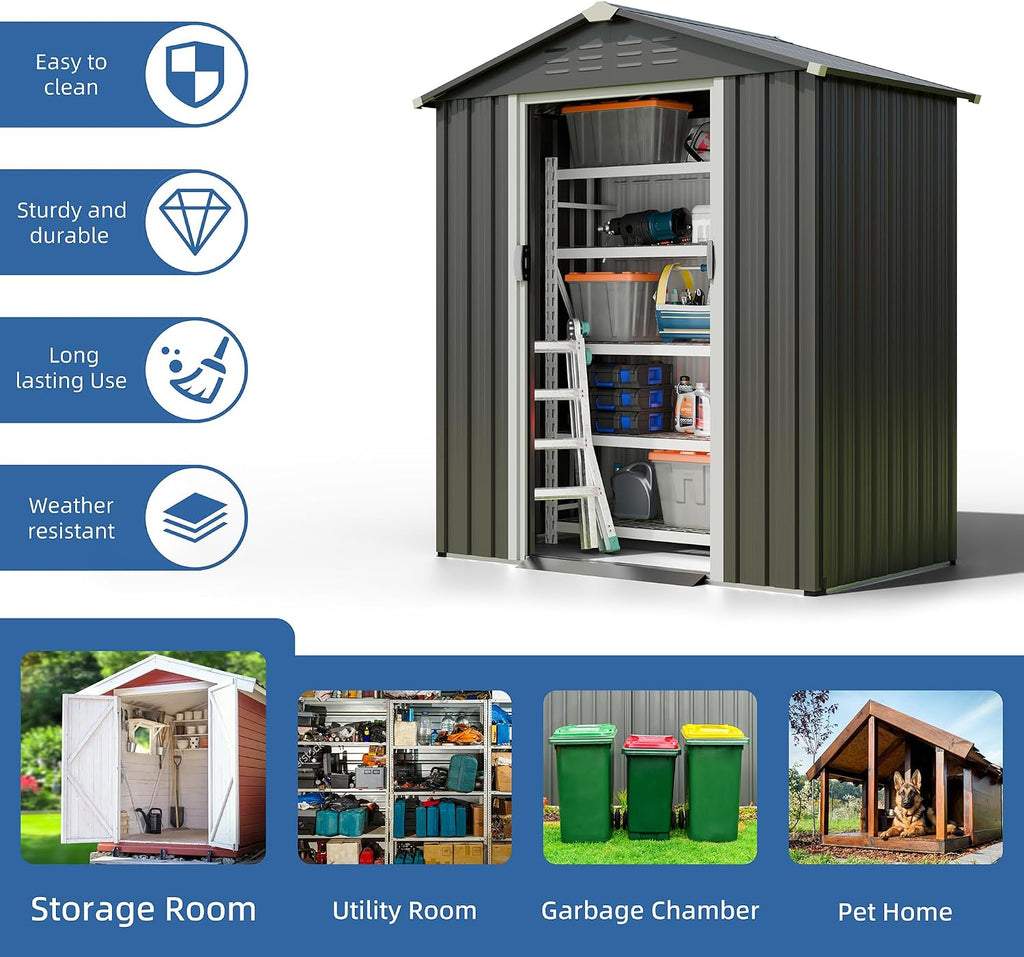 JY QAQA 5x3 FT Metal Outdoor Garden Storage Shed,Waterproof Metal Garden Sheds with Window and Lockable Double Door,Weather Resistant Steel Tool Storage House Shed forPatio,Lawn