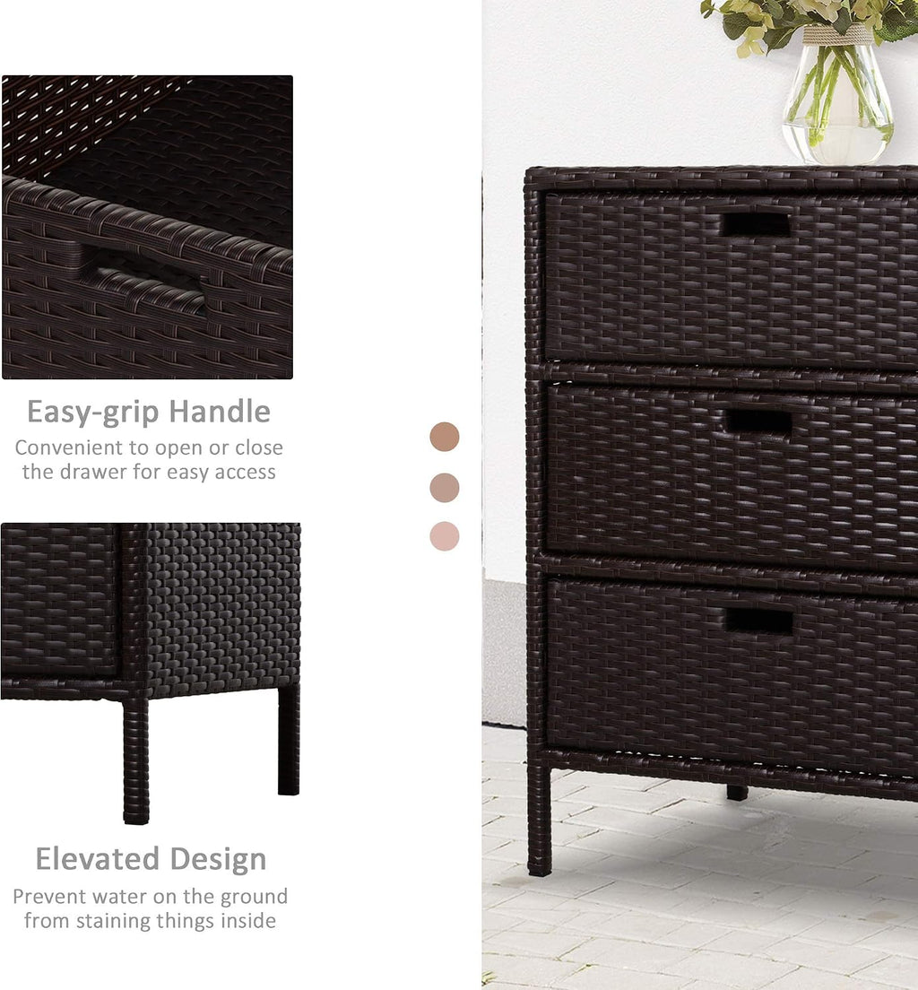 Outsunny Outdoor Towel Cabinet, PE Rattan Storage Organizer, Freestanding Towel Rack for Pool with 3 Drawers and Weather Safe Material, Brown