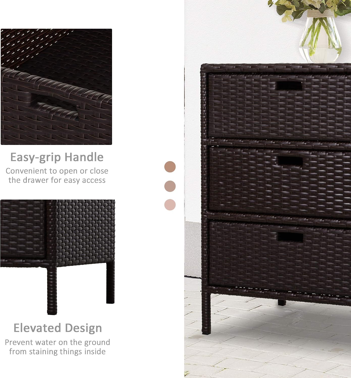 Outsunny Outdoor Towel Cabinet, PE Rattan Storage Organizer, Freestanding Towel Rack for Pool with 3 Drawers and Weather Safe Material, Brown