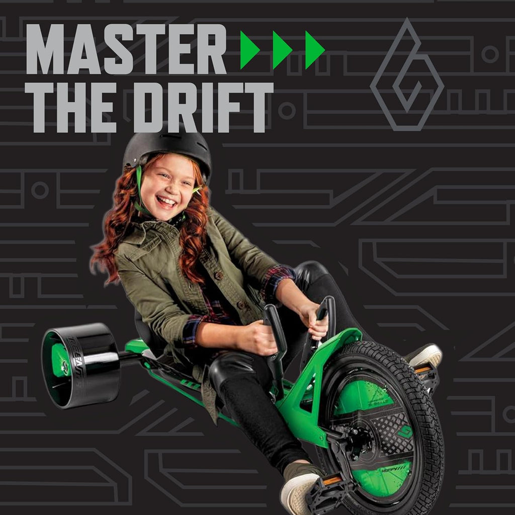 Huffy Green Machine 16 Inch Drift Trike, Sleek Ergonomic Design, Adjustable Seat, Durable Steel Frame, Easy to Operate, Drift Trike for Kids Ages 5-8, Max Weight 80lbs, Coaster Brake, Green and Black