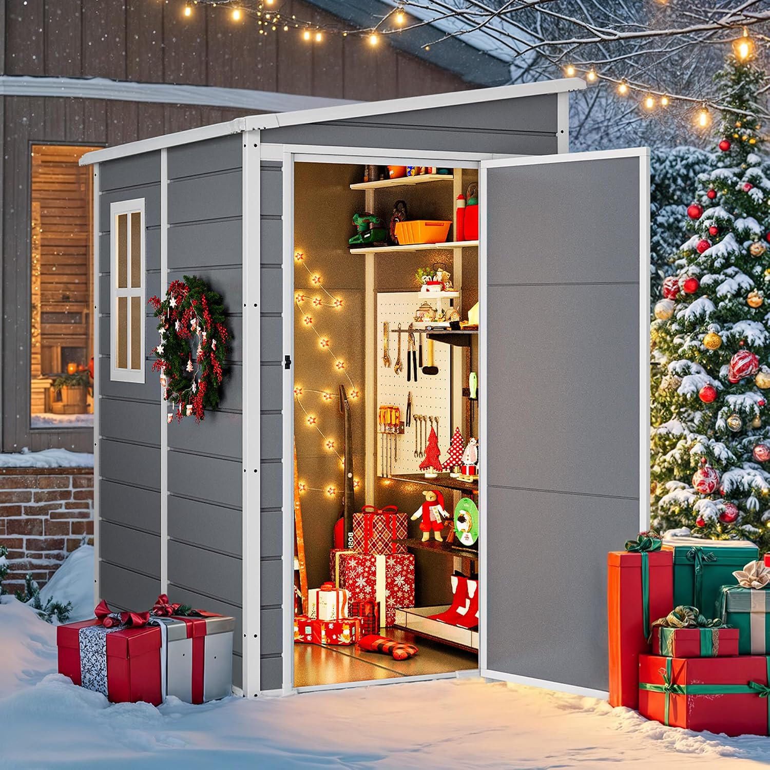 DWVO 5x4ft Resin Outdoor Storage Shed with Floor, Large Waterproof Lockable Storage Shed with Window, Plastic Outside Tool Storage for Garden Backyard Patio Lawn (Gray)