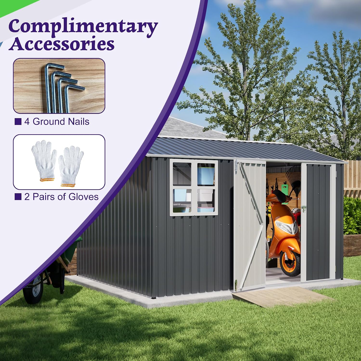 YOPTO 10X8 FT Outdoor Storage Shed,Metal Shed W/Window,Floor Frame & Lockable Swing Door,Garden Tool House W/ 4 Air Vents & Sloped Roof,for Backyard Patio Lawn,Gray