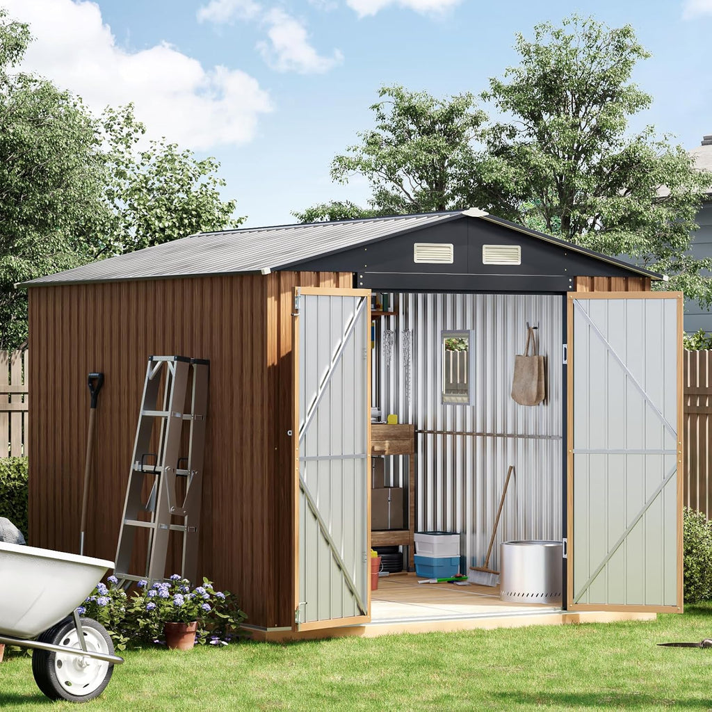 10X8 FT Garden Storage Shed with Lockable Door& Frame Floor,Steel Tool Shed with 1 Clear Window, Anti-Corrosion Metal Shed for Backyard Patio Lawn (Wood Panels Not Included)
