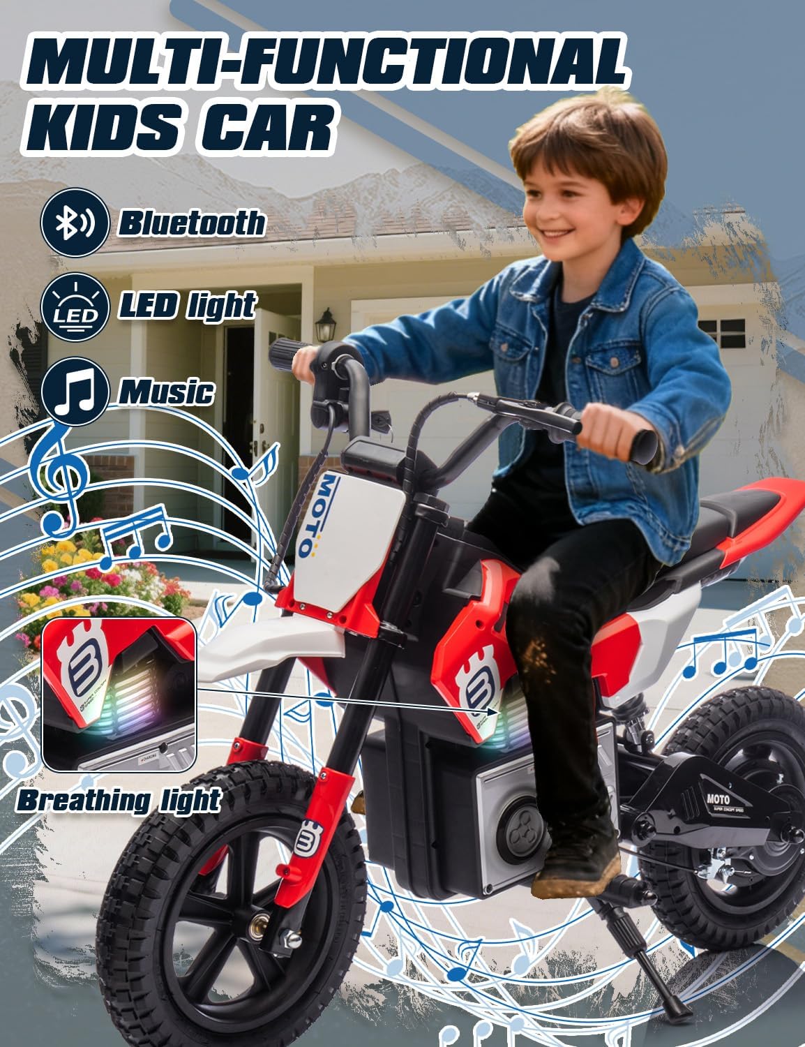 Electric Motorcycle for Kids Ages 5-10, 24V 200W Higher Speed Electric Dirt Bike, Kids Ride On Motorcycle with Rear Wheel Shock Absorber, LED Breath Light, Bluetooth, Music, Horn, Red