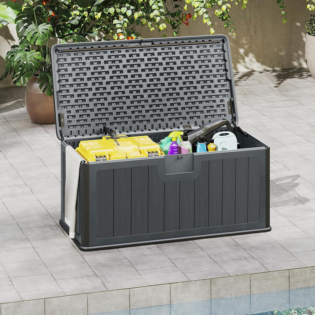 Giantex 100 Gallon Deck Box, Waterproof Resin Box with Lockable Lid, 440Lbs Outdoor HDPE Storage Container Bench for Patio Furniture Cushions, Pool Tools & Garden Accessories (Grey)