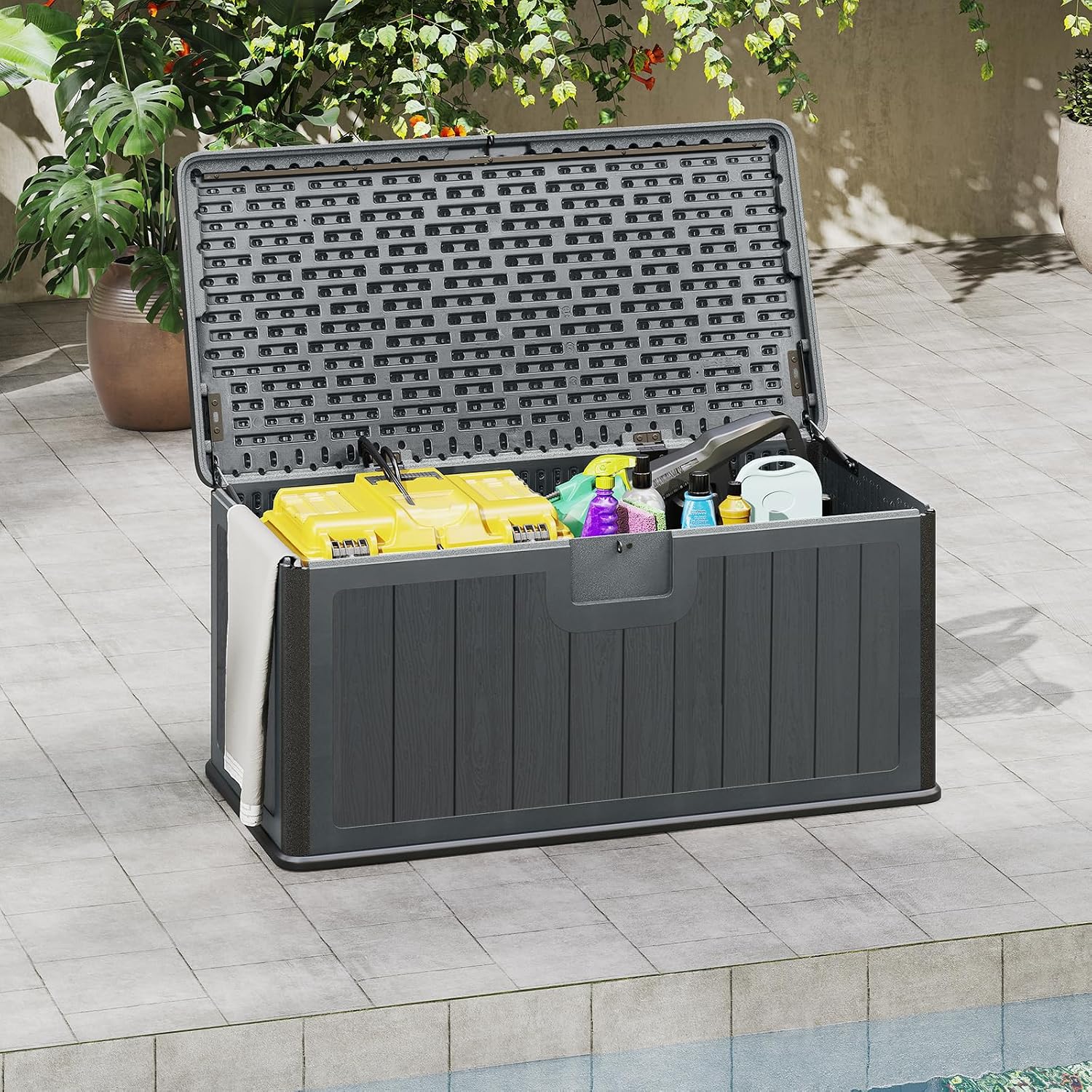 Giantex 100 Gallon Deck Box, Waterproof Resin Box with Lockable Lid, 440Lbs Outdoor HDPE Storage Container Bench for Patio Furniture Cushions, Pool Tools & Garden Accessories (Grey)