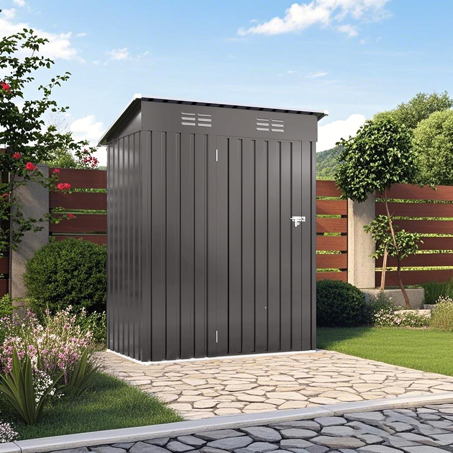 5x3 FT Outdoor Storage Shed, Small Metal Garden Shed with Lockable Hinged Door, Outside Tool Sheds with Sloped Roof & 2 Air Vents, Waterproof Storage Building for Backyard, Patio, Lawn, Gray