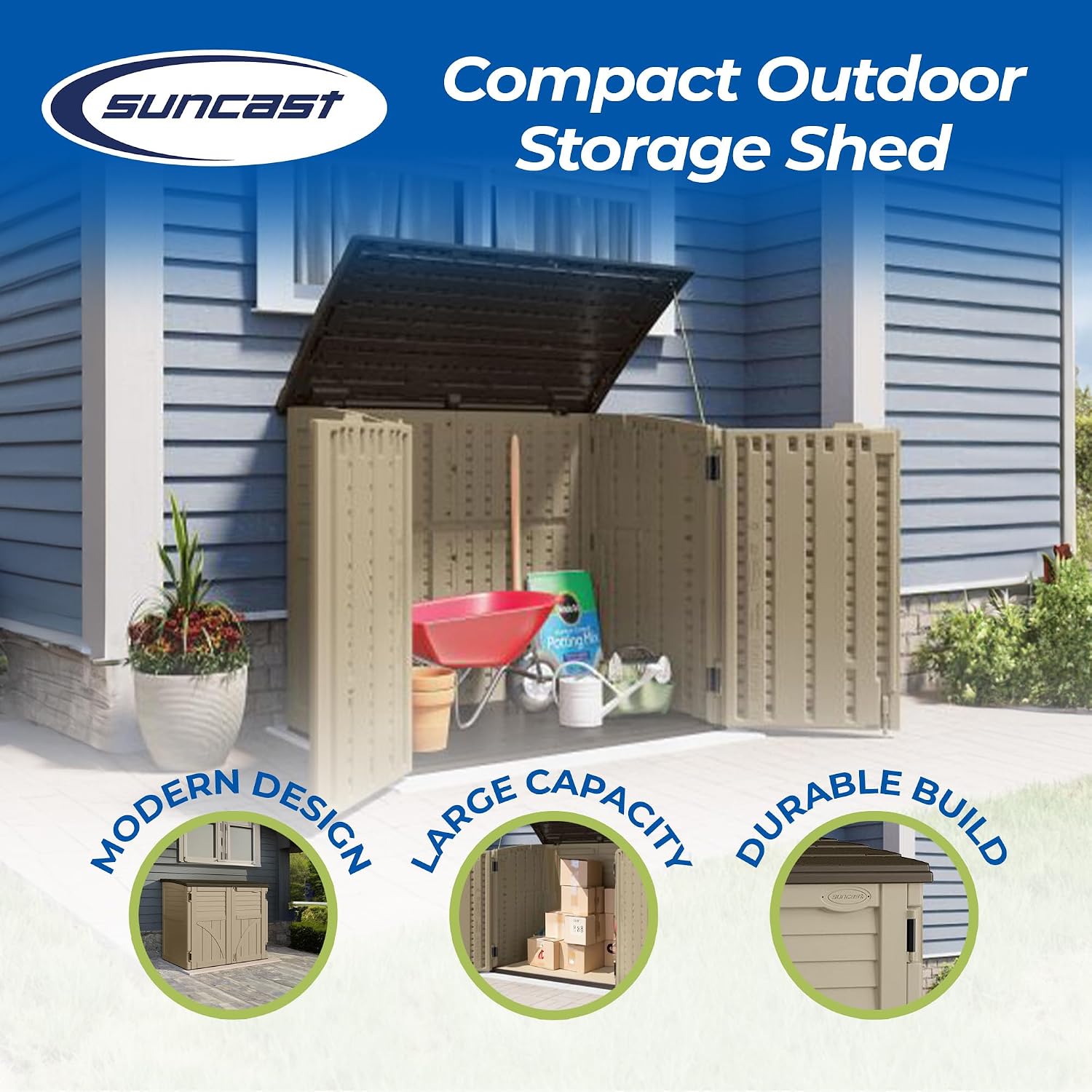 Suncast Horizontal Shed, Compact Outdoor Storage System, 34 Cu. Ft. Capacity, Sand & Slate - Lockable Multi-Wall Resin Organizer for Garbage Cans, Garden Tools, Bins, Bikes and Yard Equipment