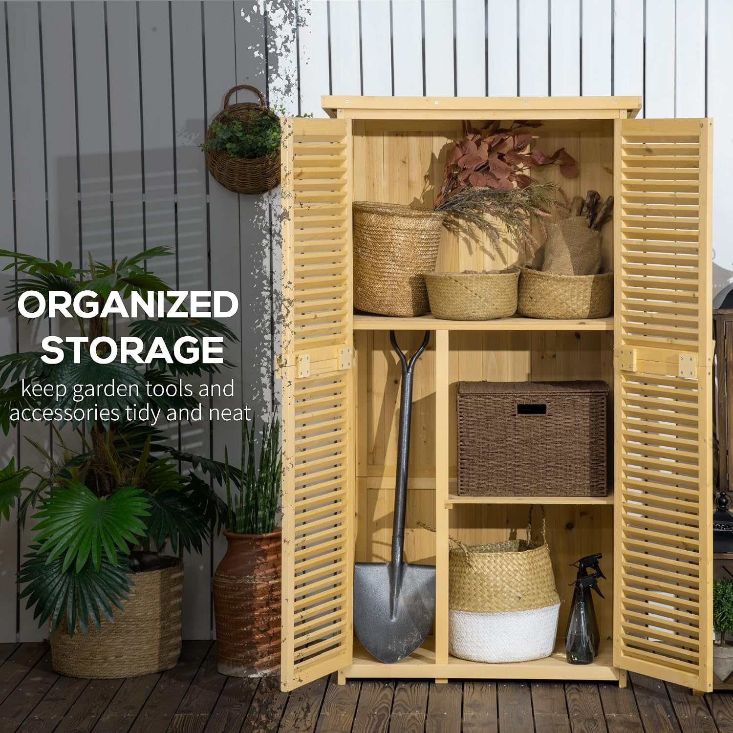 Outsunny 5' x 3' Wooden Outdoor Storage Cabinet, Garden Sheds & Outdoor Storage with Asphalt Roof & 2 Large Wood Doors with Lock, Natural