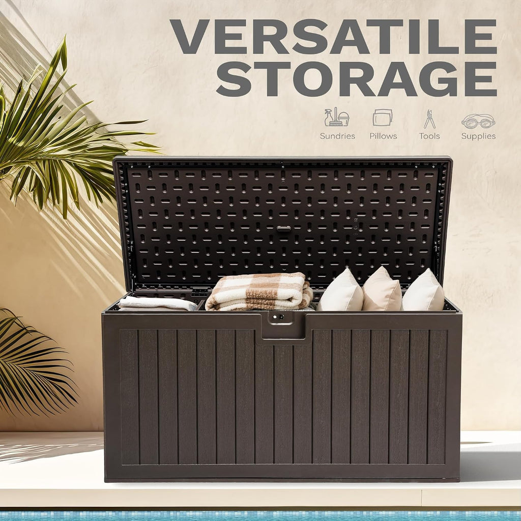 DWVO 180 Gallon Double-Wall Deck Box, XL Large Resin Outdoor Storage Box, Lockable & Waterproof, Double as Seating, 1000lbs Capacity (Brown)