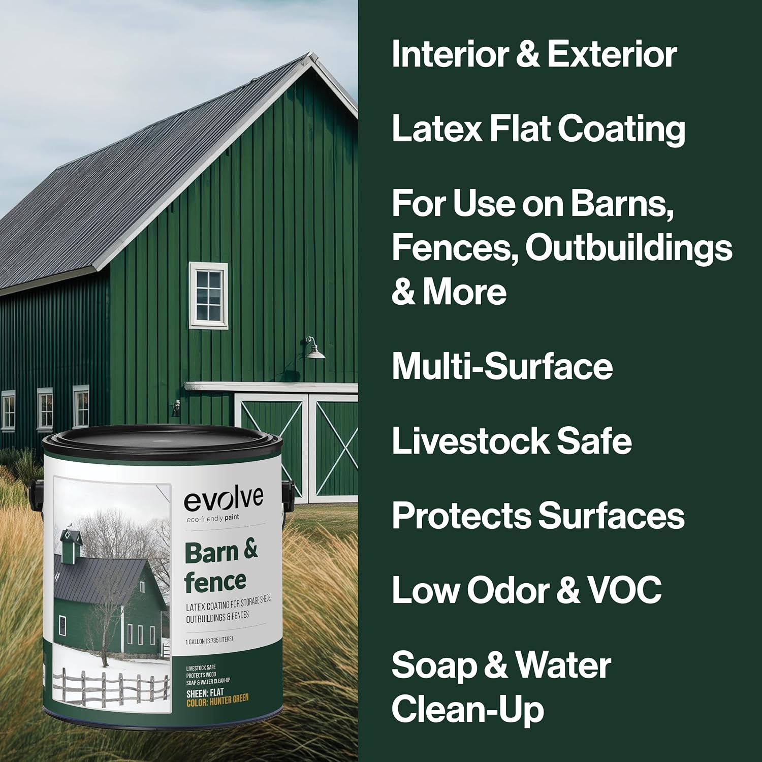 EVOLVE Barn & Fence Paint, Flat (Hunter Green), 5 Gallon – Durable Scratch-Resistant Wood Coating for Outbuildings & Fences, Fast-Dry Water-Based Formula