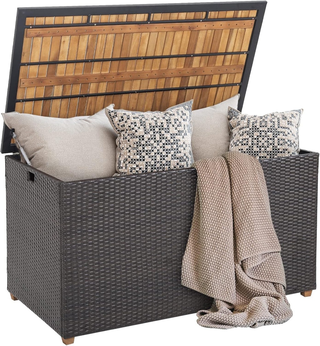 HAPPYGRILL 134 Gallon Rattan Deck Box, Patio Wicker Storage Box with Zippered Liner, Solid Acacia Wood Top & Feet, Effort-Saving Pneumatic Rod, Outdoor Storage Container for Porch Backyard