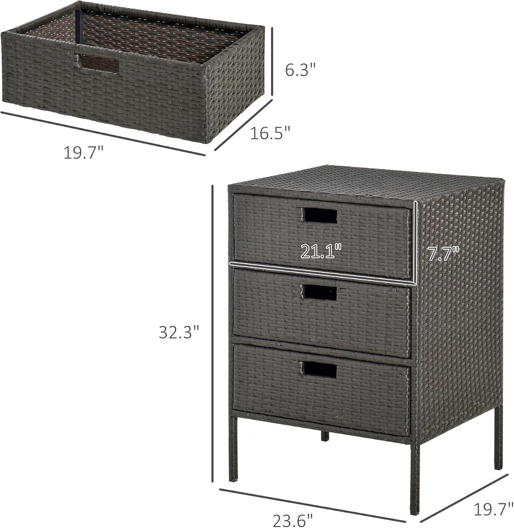 Outsunny Outdoor Towel Cabinet, PE Rattan Storage Organizer, Freestanding Towel Rack for Pool with 3 Drawers and Weather Safe Material, Brown