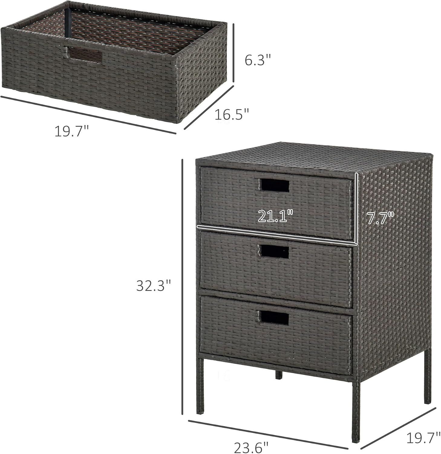 Outsunny Outdoor Towel Cabinet, PE Rattan Storage Organizer, Freestanding Towel Rack for Pool with 3 Drawers and Weather Safe Material, Brown