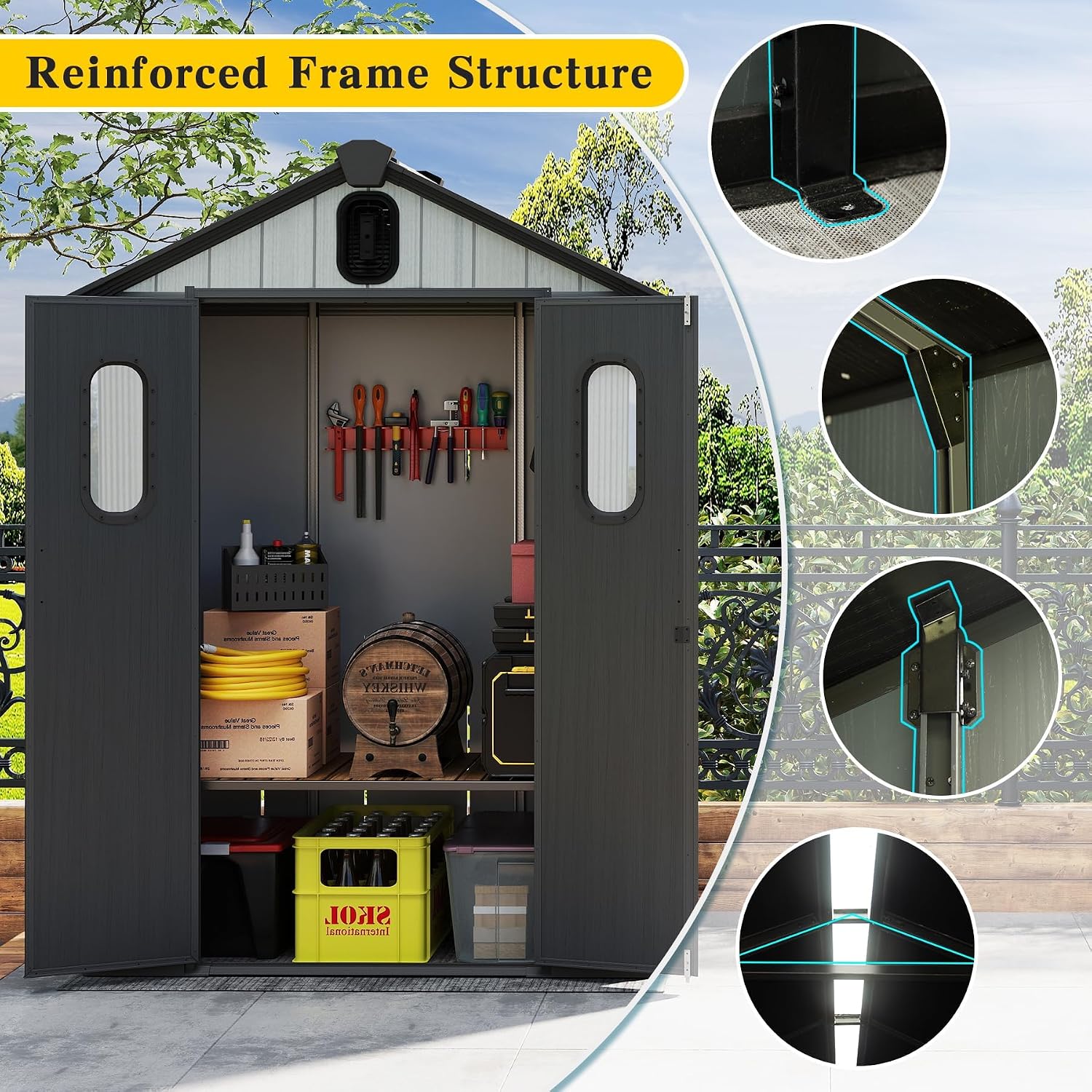 Domi 5x3FT Resin Outdoor Storage Shed with Lockable Door, Waterproof Outside Sheds with Windows & Vents, Heavy-Duty Plastic Tool Storage Shed for Patio Furniture, Lawn Mower, Bike