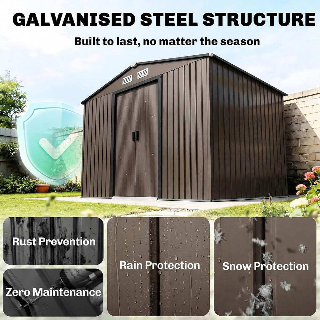 Outsunny 9' x 6' Outdoor Storage Shed, Garden Tool Metal Shed with Foundation Kit, Double Lockable Door, Air Vents and Sloping Roof, for Backyard, Patio, Lawn, Brown