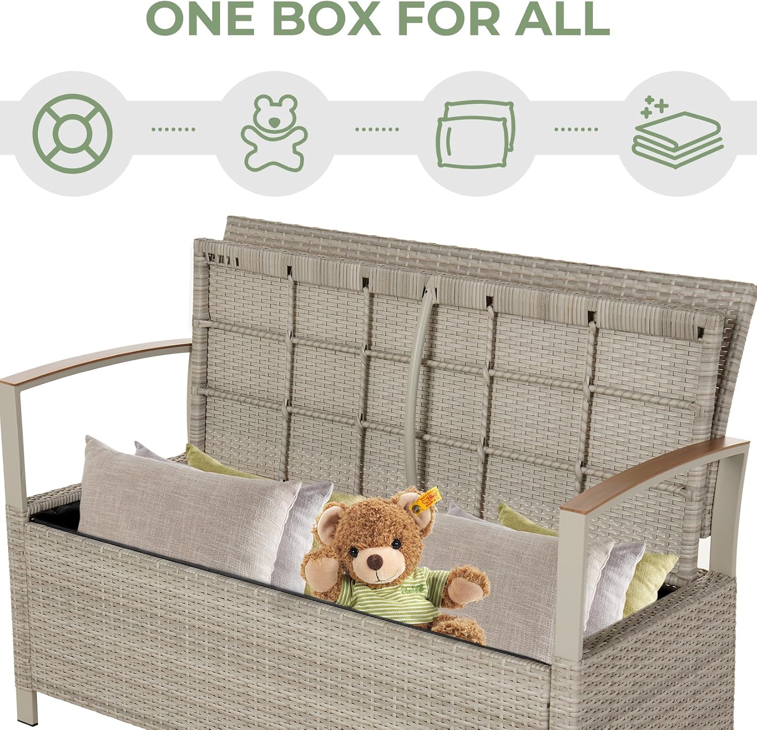 Grand patio Outdoor Storage Bench Deck Box with Olefin Cushion, Wicker Deck Box with Water Resistant Bag, Outdoor Seating for Front Porch, Store Garden Tools and Pool Storage (Warm Gray)