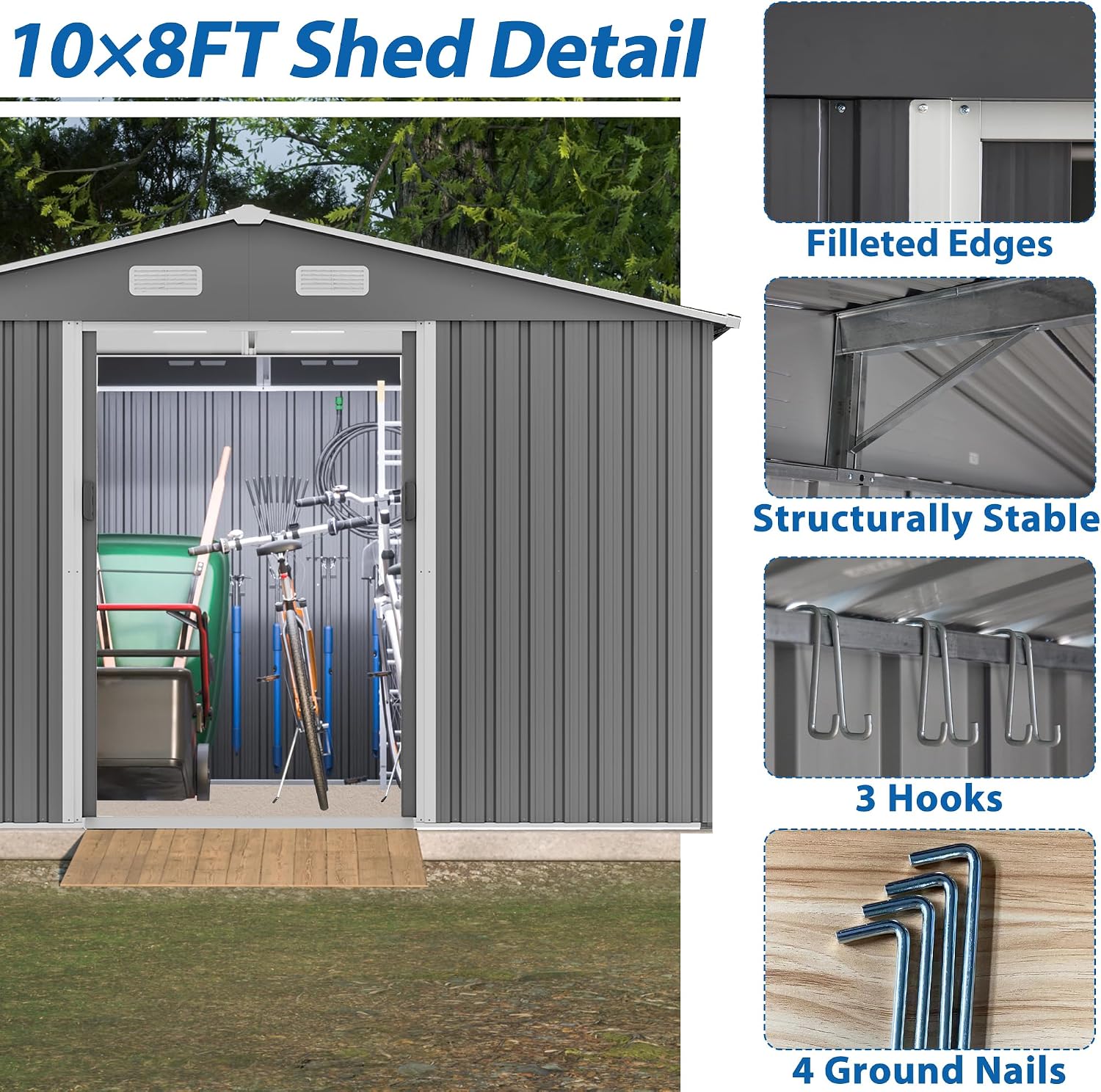YOPTO 10X8 FT Outdoor Storage Shed W/Lockable Sliding Doors,Metal Shed W/Sloped Roof & Air Vents,All Weather Garden Tool House for Backyard Patio Lawn,Gray