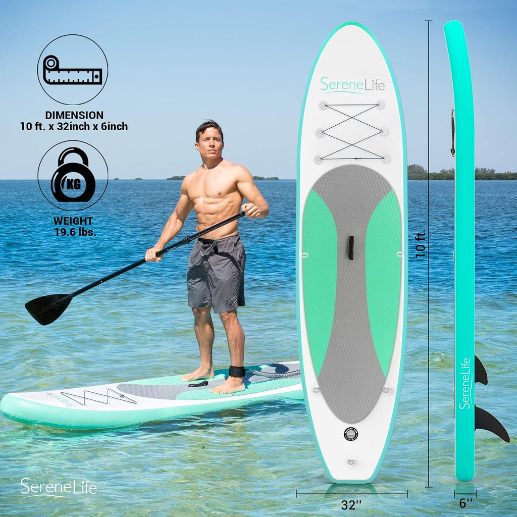 SereneLife Inflatable Stand Up Paddle Board - Wide Stable Design, Non-Slip Deck for Adults & Youth with Premium Paddle Board Accessories: Carry Bag, Dual Action Pump, Paddle, Ankle Leash - 10'