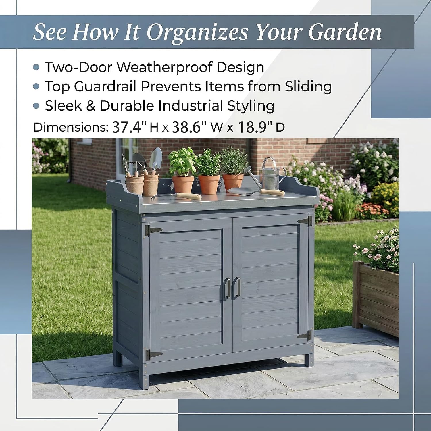 Outdoor Garden Patio Wooden Storage Cabinet Furniture Waterproof Tool Shed with Potting Benches Outdoor Work Station Table (Gray)
