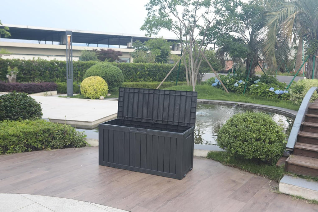 BTEXPERT 74 Gallon Resin Deck Box, Outdoor Storage Container for Patio Furniture Garden Tools Cushions Waterproof Lockable Metal Support Rods UV Resistant Set of 2