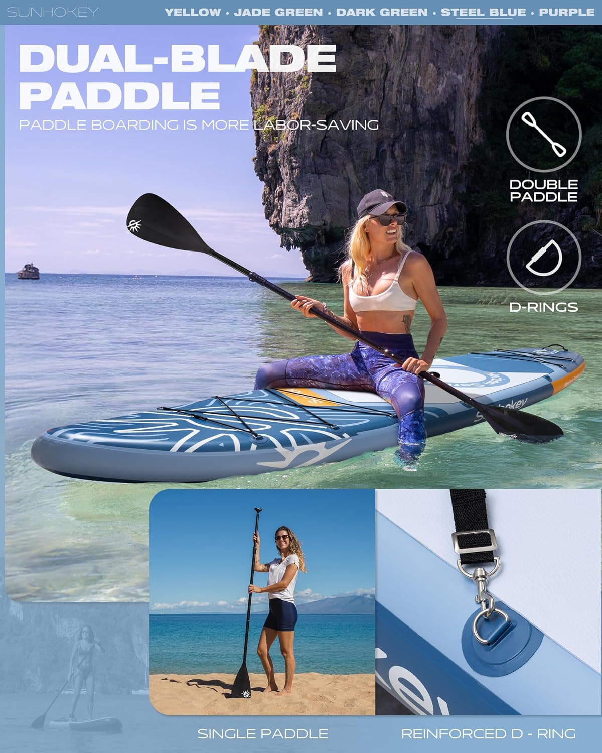 11'×34'' Extra Wide Inflatable Paddle Board with Seam Welded Technology, Stand Up Paddle Board, 420lb Capacity for Adults, Sup Board for All-Level with 2-Blade Paddle/Dual-Action Pump/Leash