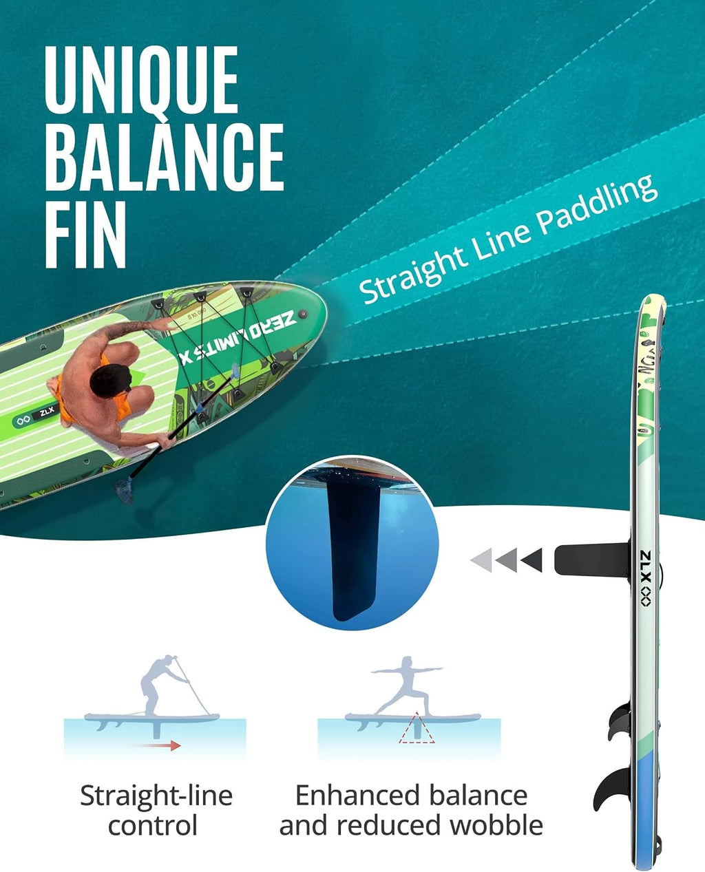 ZLX Inflatable Stand Up Paddle Board, 10'6' SUP Non-Slip Stable Deck Pad, Unique Center Fin, Premium Accessories, Paddleboard for Adults, Beginners, All Skill Levels