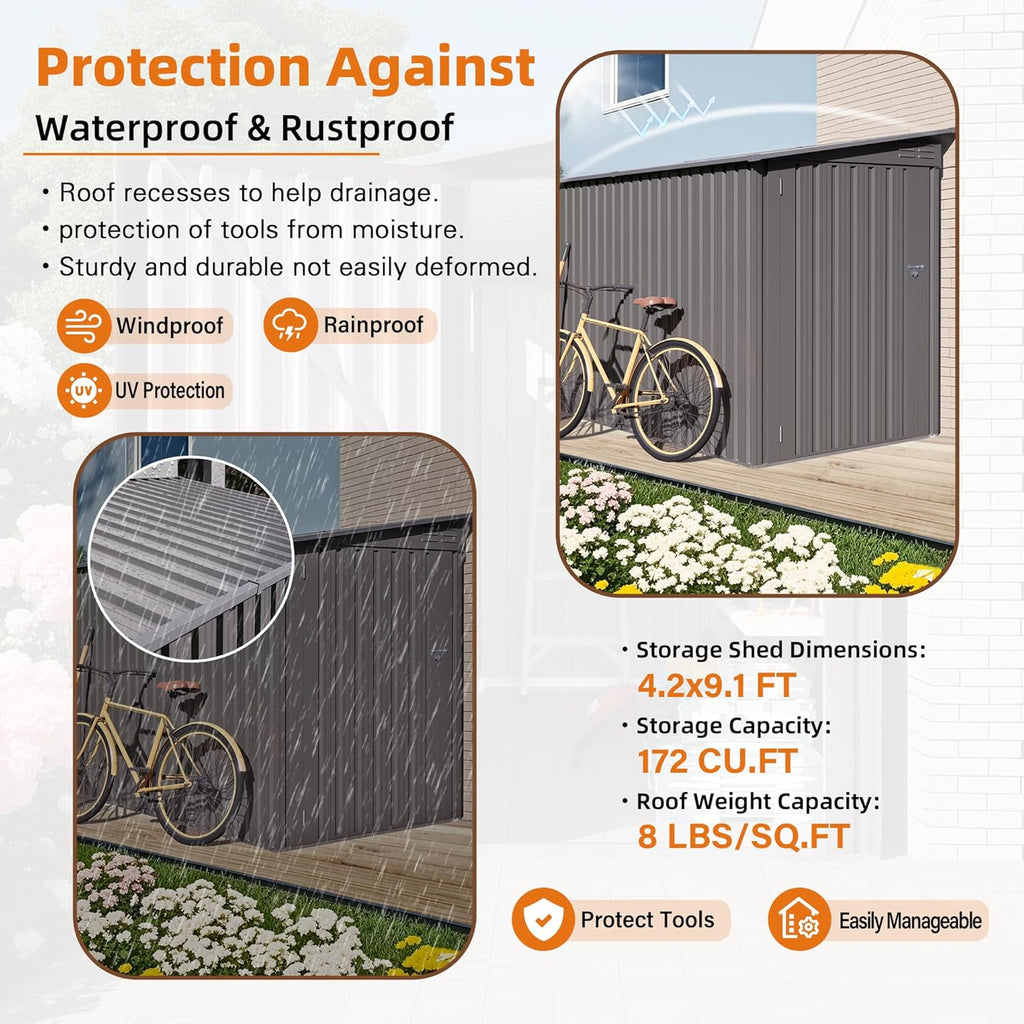 4x9 FT Lean to Shed with Windows, Outdoor Storage Metal Shed with 6 Vents and 1 Side Open Door, Outdoor Storage Shed Waterproof for Backyard, Garden, Patio, Gray