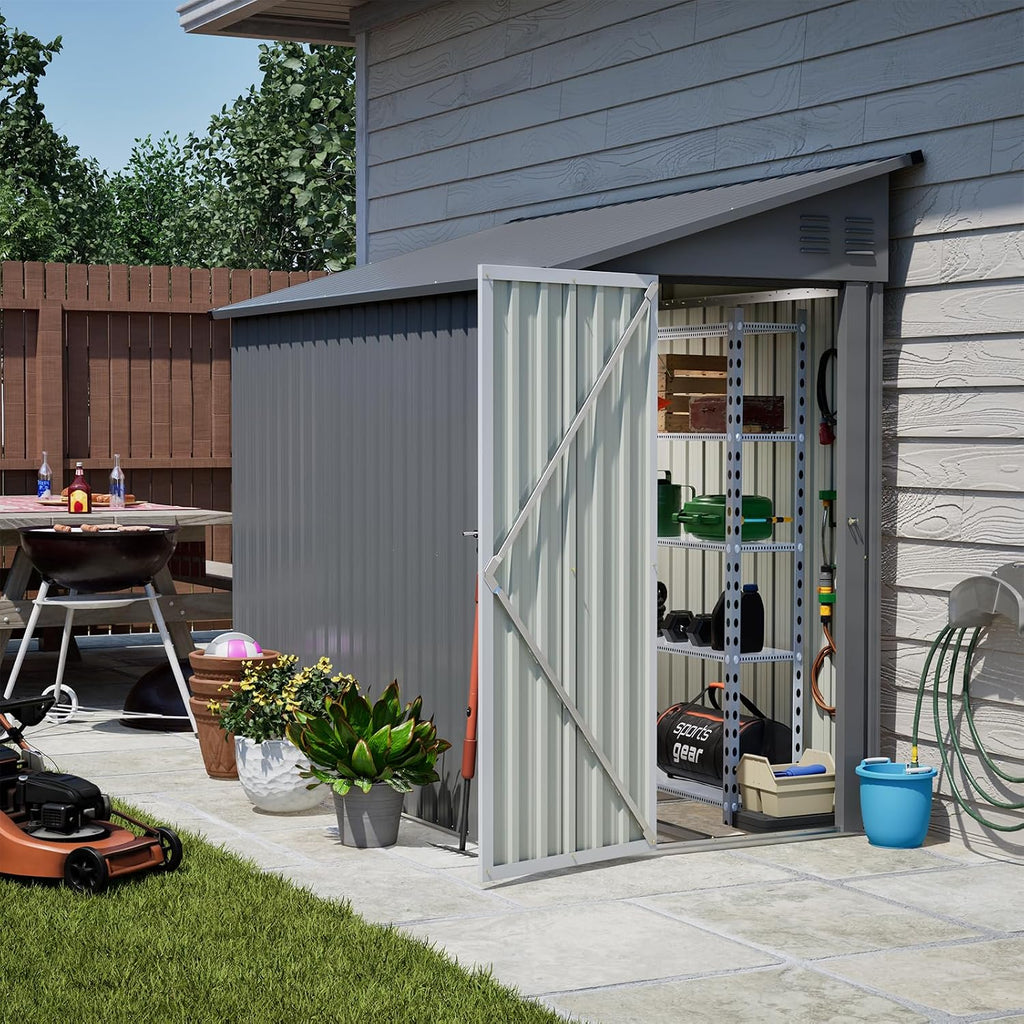 Shed Lean to Storage Shed, Outdoor 4' x 8' Metal Wall Side Storage Sheds & Outdoor Storage, Garden Storage Cabinet for Backayrd, Patio and Outdoor Use,Grey