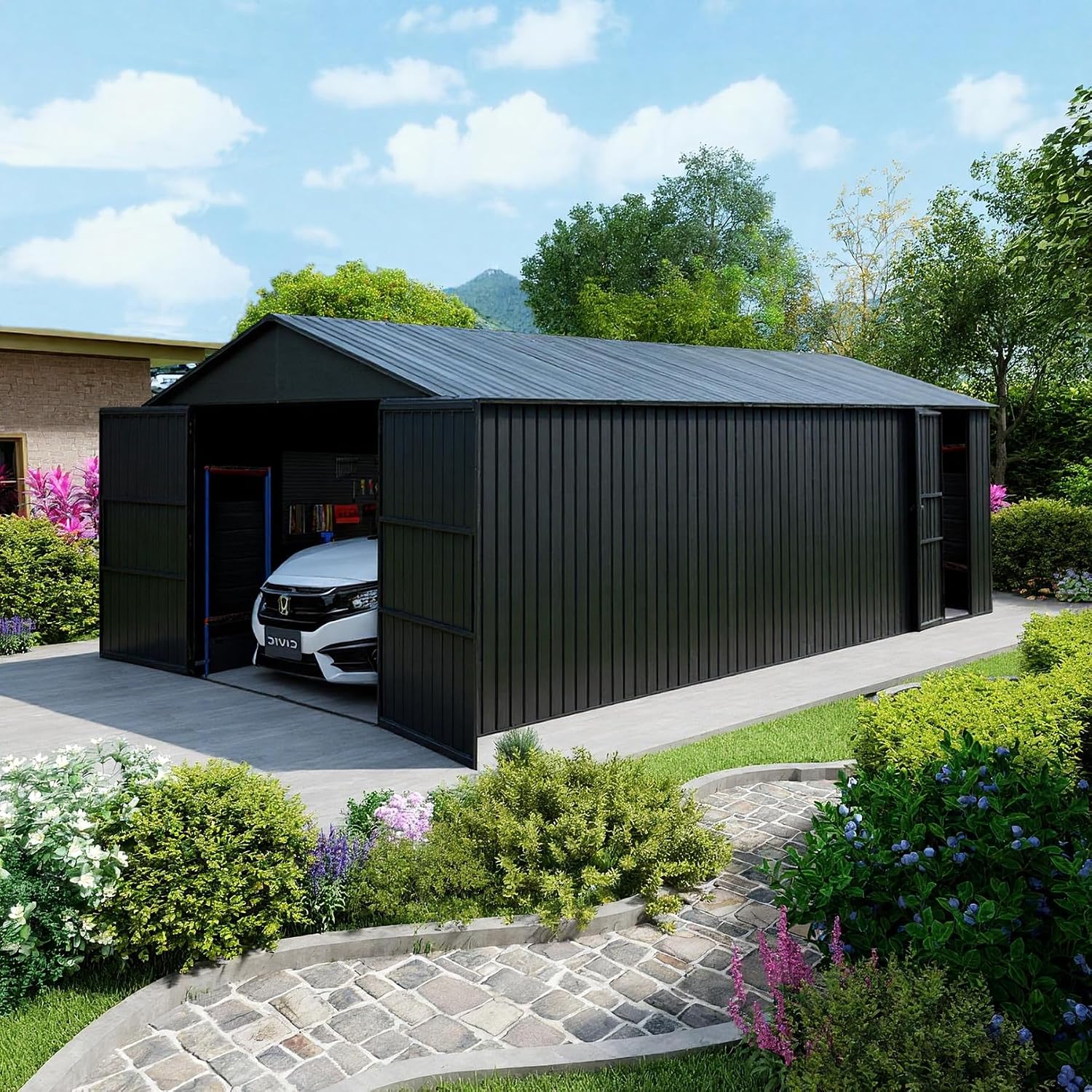 Domi 12'x25' Outdoor Metal Garage Shed, Weatherproof Enclosed Carport with Sidewalls & 2 Lockable Doors, Extra Large Backyard Storage Shed for Car, Truck,Lawn Mower, 80MPH Wind Resistance, Dark Grey