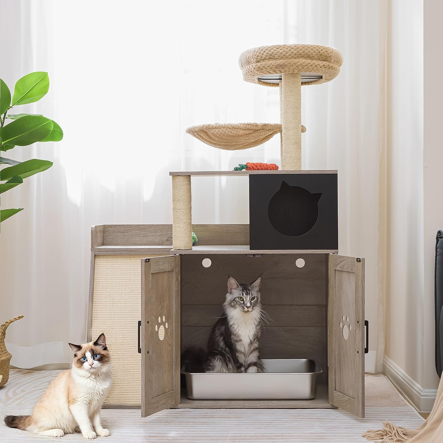 IRONCK Litter Box Enclosure with Cat Tree, 46' Hidden Litter Box with Sisal Scratching Ladder and Storage, Modular Wooden Litter Box Furniture with Condo and Platform, All-in-one Cat Tower, Greige